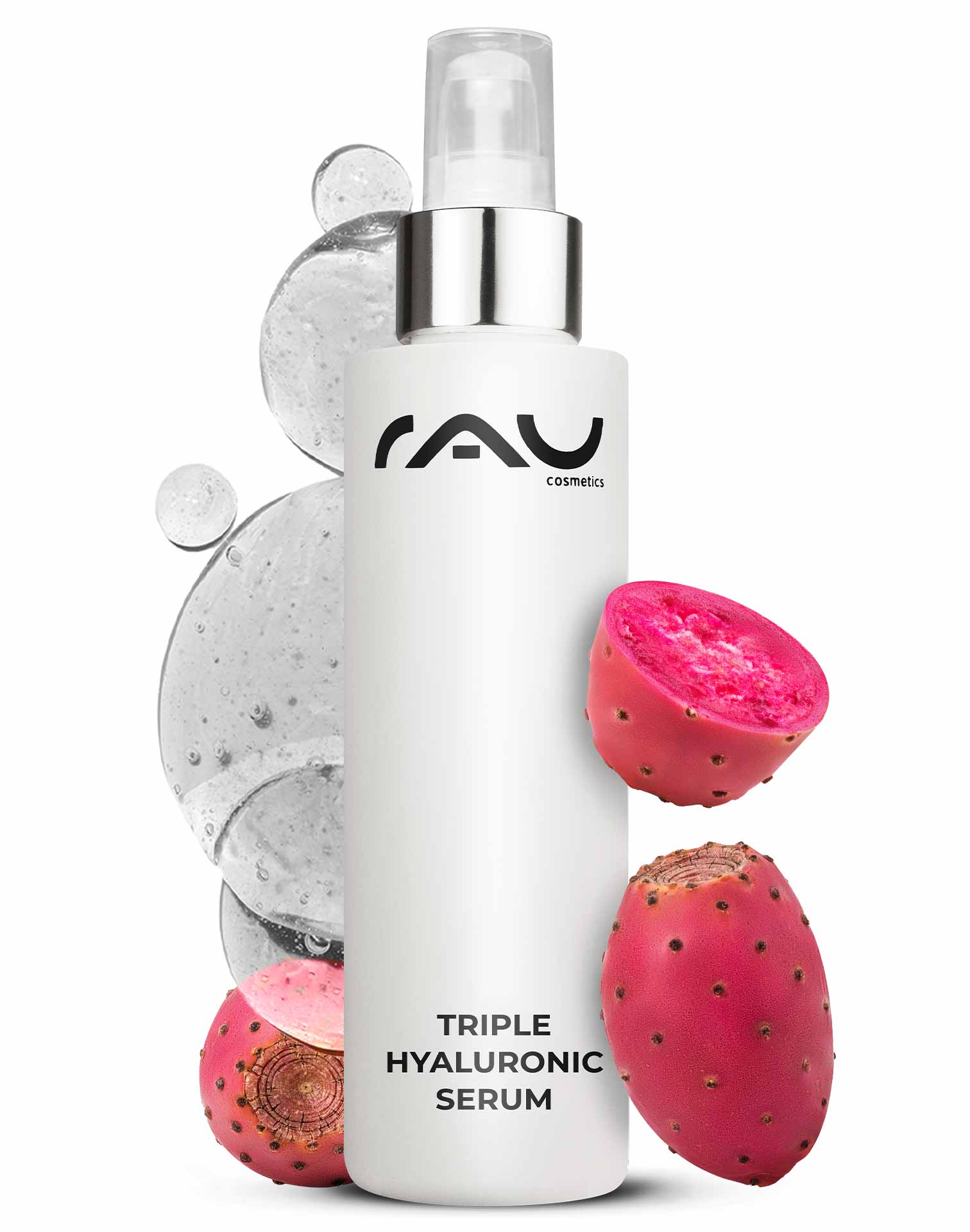 Triple Serum Hialurónico 100 ml con Pantenol y Hialurón Flasche des Triple Hyaluronic Serum von RAU Cosmetics mit rosa Feigenkaktusfrüchten und Wassertropfen, die die Feuchtigkeitsversorgung und Anti-Aging-Vorteile für die Hautpflege fördern.