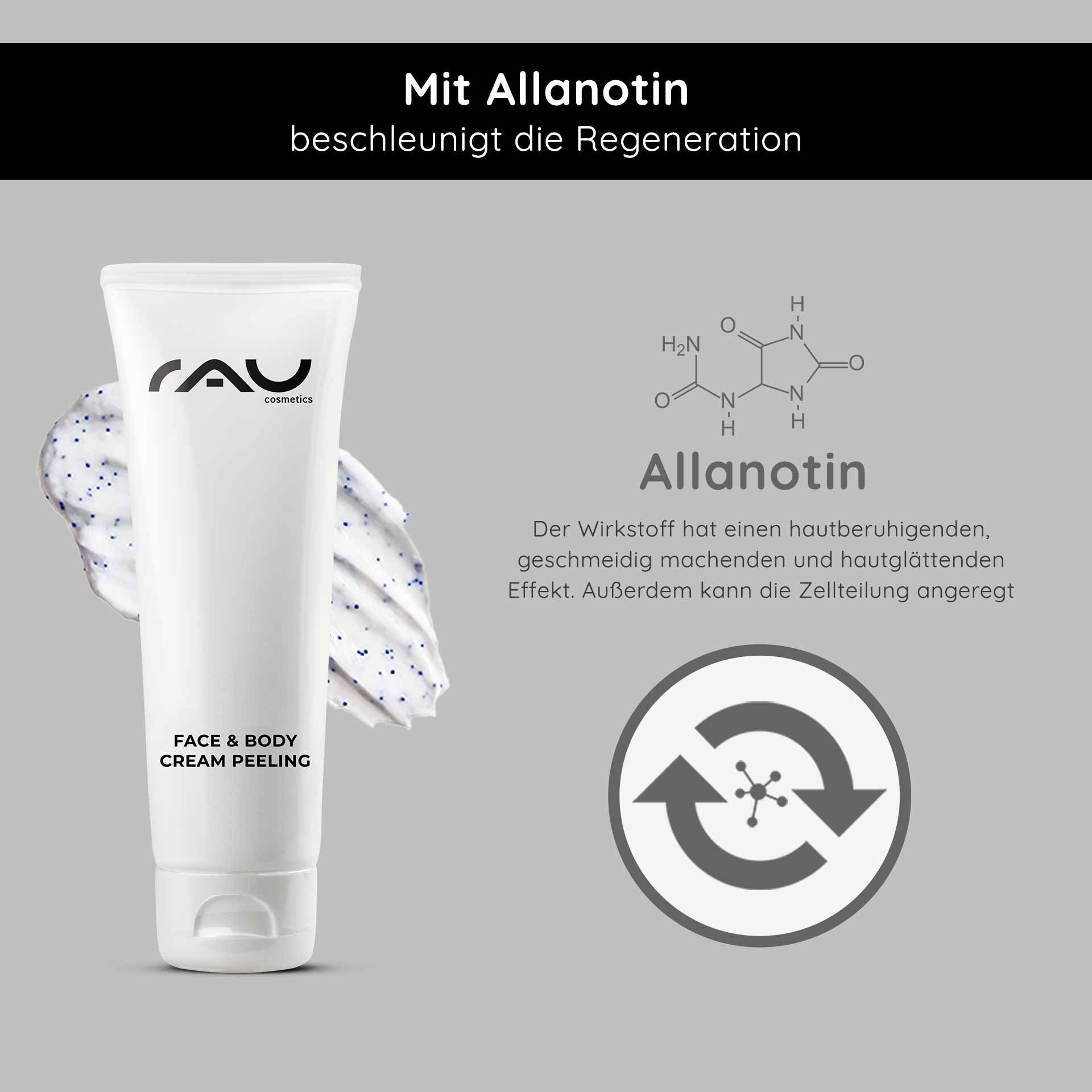RAU Cosmetics Face & Body Cream Peeling-Tube mit cremiger Textur und Peelingpartikeln, mit Allantoin zur Hautregeneration und beruhigenden Wirkung, vor grauem Hintergrund mit Grafik der Molekülstruktur.