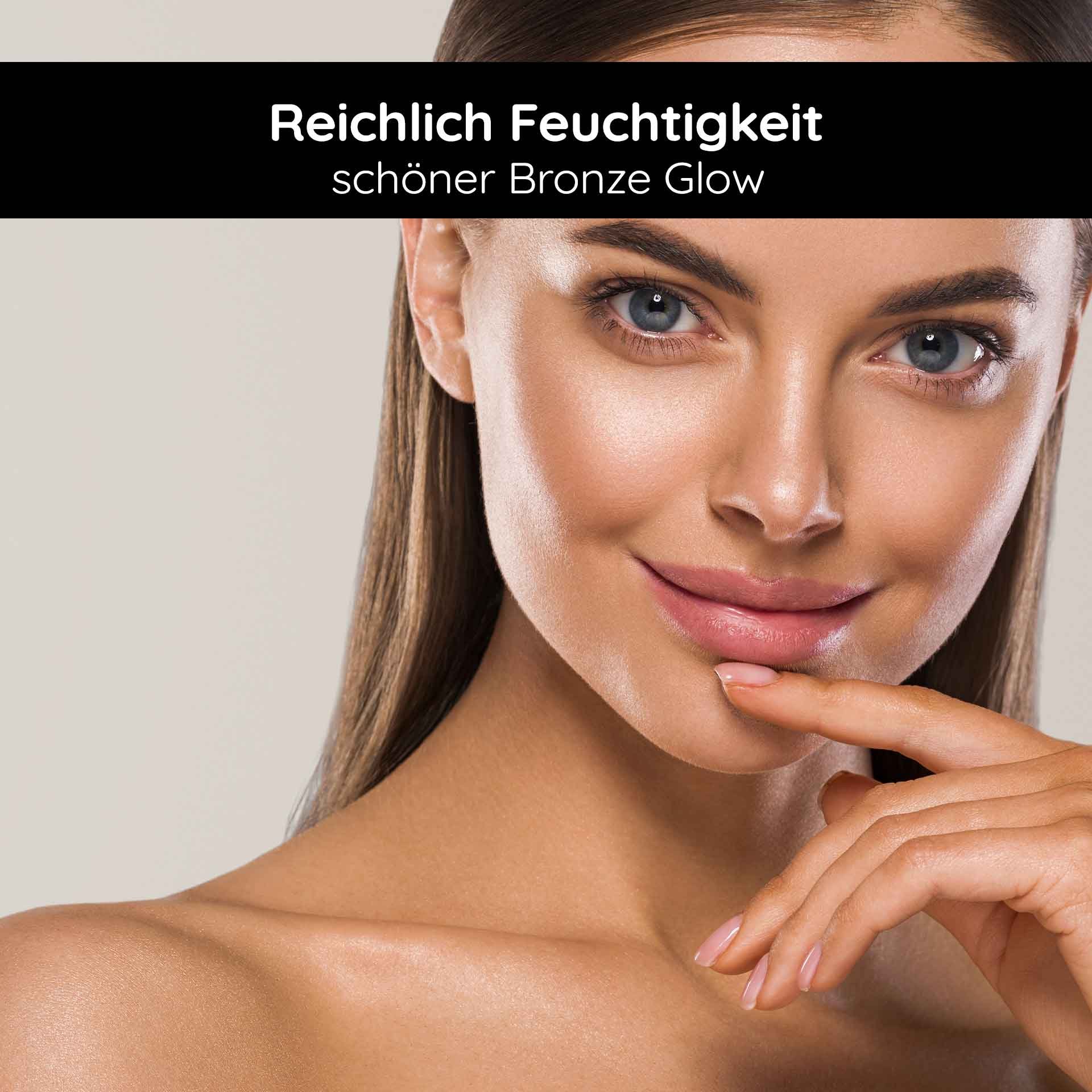 Woman with a radiant complexion and a gentle tan, emphasized by the text 'Plentiful moisture beautiful bronze glow', ideal for the application of the self-tanner face serum from RAU Cosmetics.