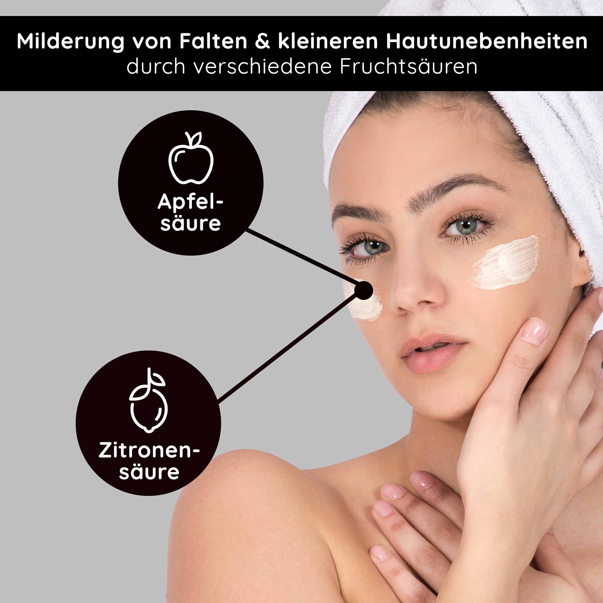 Fruit Acid & BHA Cream 50 ml - BHA Fruit Acid Cream Frau mit Hand im Gesicht, trägt Fruchtsäurecreme, hervorgehobene Inhaltsstoffe: Apfelsäure und Zitronensäure, zur Milderung von Falten und Hautunebenheiten.