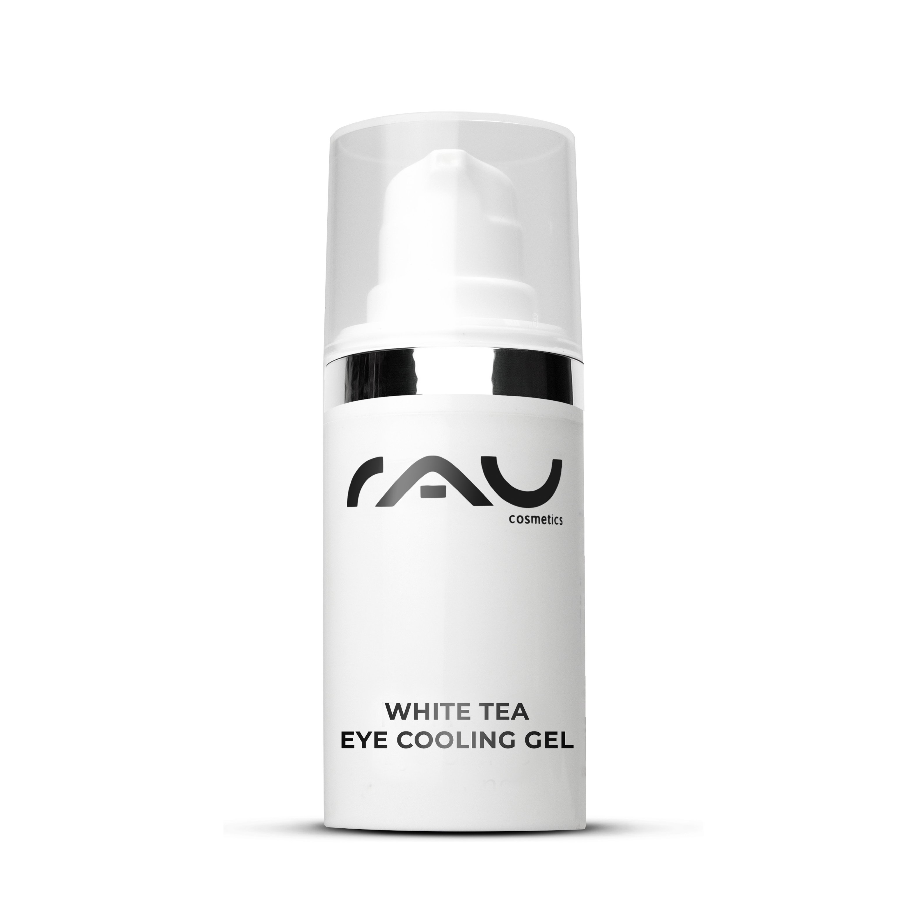 White Tea Eye Cooling Gel de RAU Cosmetics 15 ml, crema de ojos antiedad para reducir ojeras e hinchazón, en un elegante frasco blanco con dosificador.