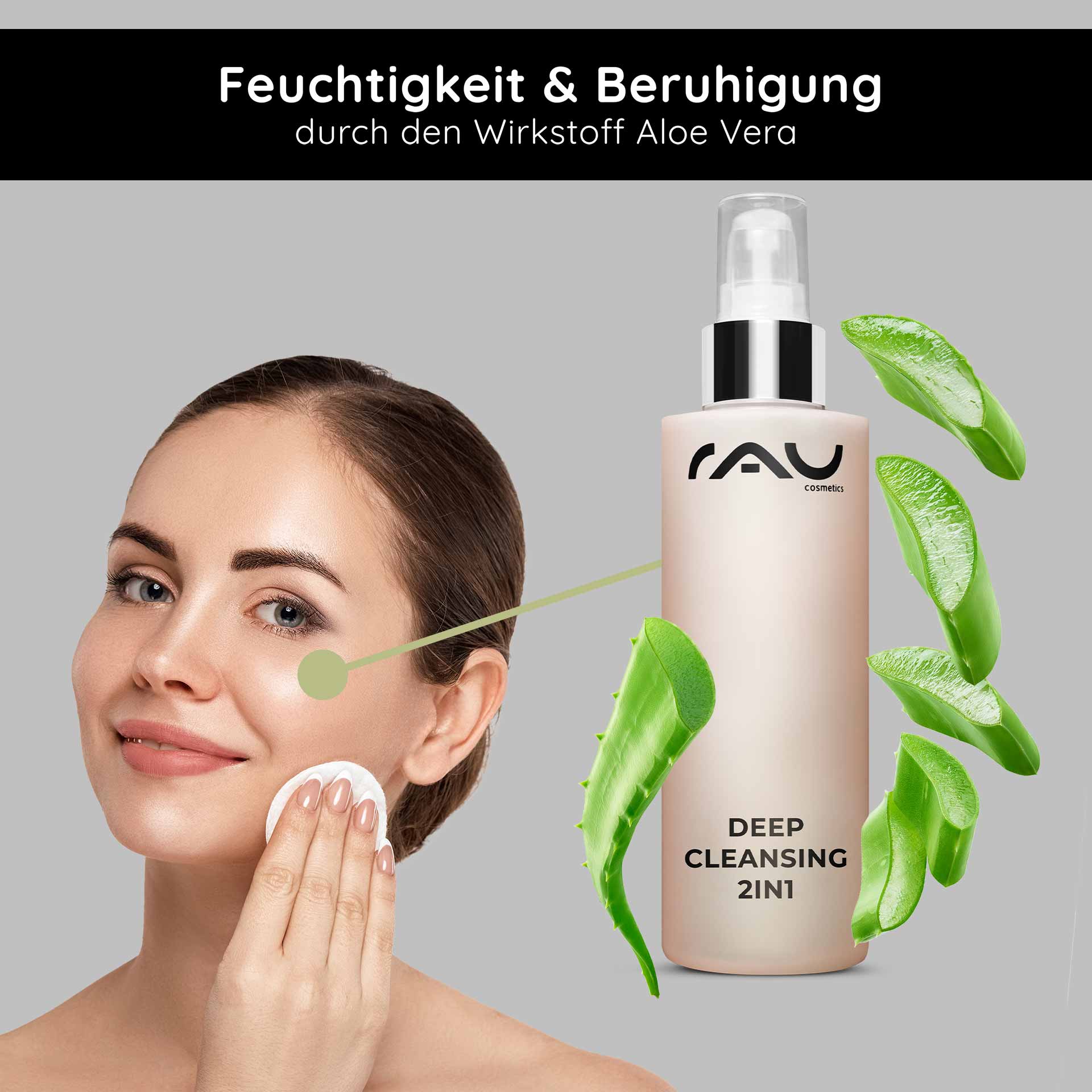 Deep Cleansing 2in1 200 ml 2in1 Facial Toner Frau mit Gesichtswasser von RAU Cosmetics, das Aloe Vera enthält, zur Hautreinigung und -beruhigung, Anwendung mit Wattepad.
