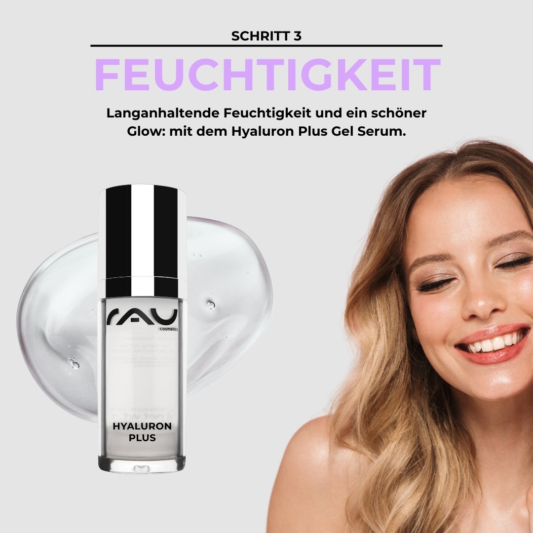 Hyaluron Plus Gel Serum von RAU Cosmetics, das die Feuchtigkeitsspeicherung und einen strahlenden Glanz betont, mit einer lächelnden Frau, die gesunde Haut zur Schau stellt.