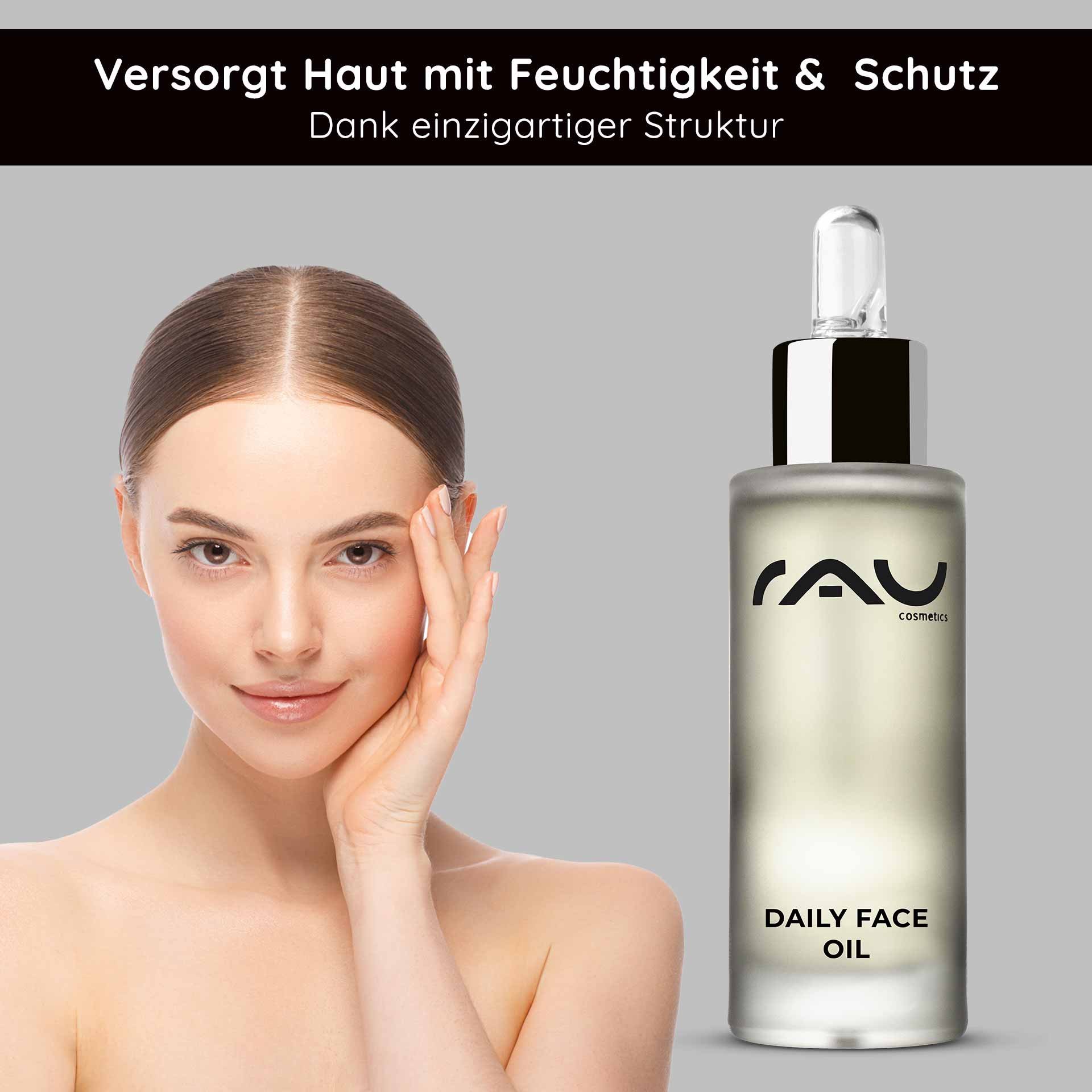 Frau mit gepflegtem Gesicht und Daily Face Oil von RAU Cosmetics, das Feuchtigkeit und Schutz bietet, ideal für die Hautpflege.