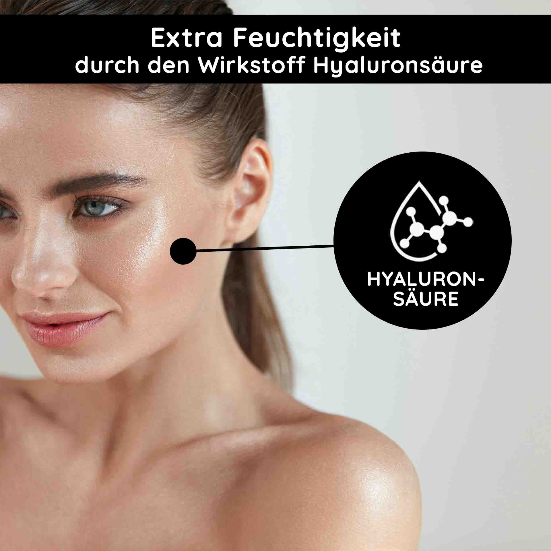 O2 Fluido Hidratante 50 ml Crema de día para cutis apagado Frau mit strahlender Haut, betont durch Hyaluronsäure zur Feuchtigkeitsversorgung, in einem hellen Hintergrund.