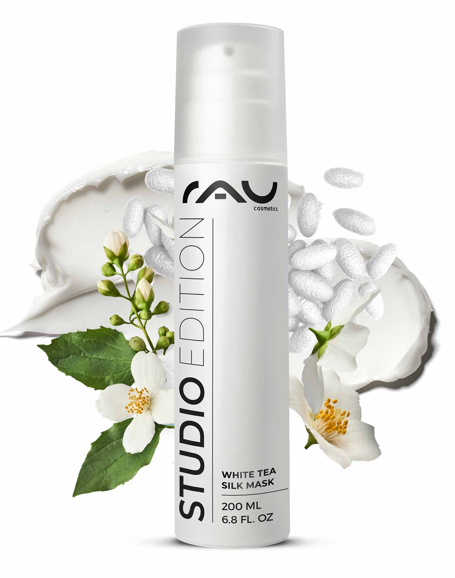 Mascarilla de Seda Té Blanco 200 ml Rich Cream & Mask White Tea Silk Mask von RAU Cosmetics, 200 ml Behälter mit floralen Elementen, mit pflegenden Inhaltsstoffen wie weißem Tee und Seidenproteinen, entwickelt für empfindliche und trockene Haut.