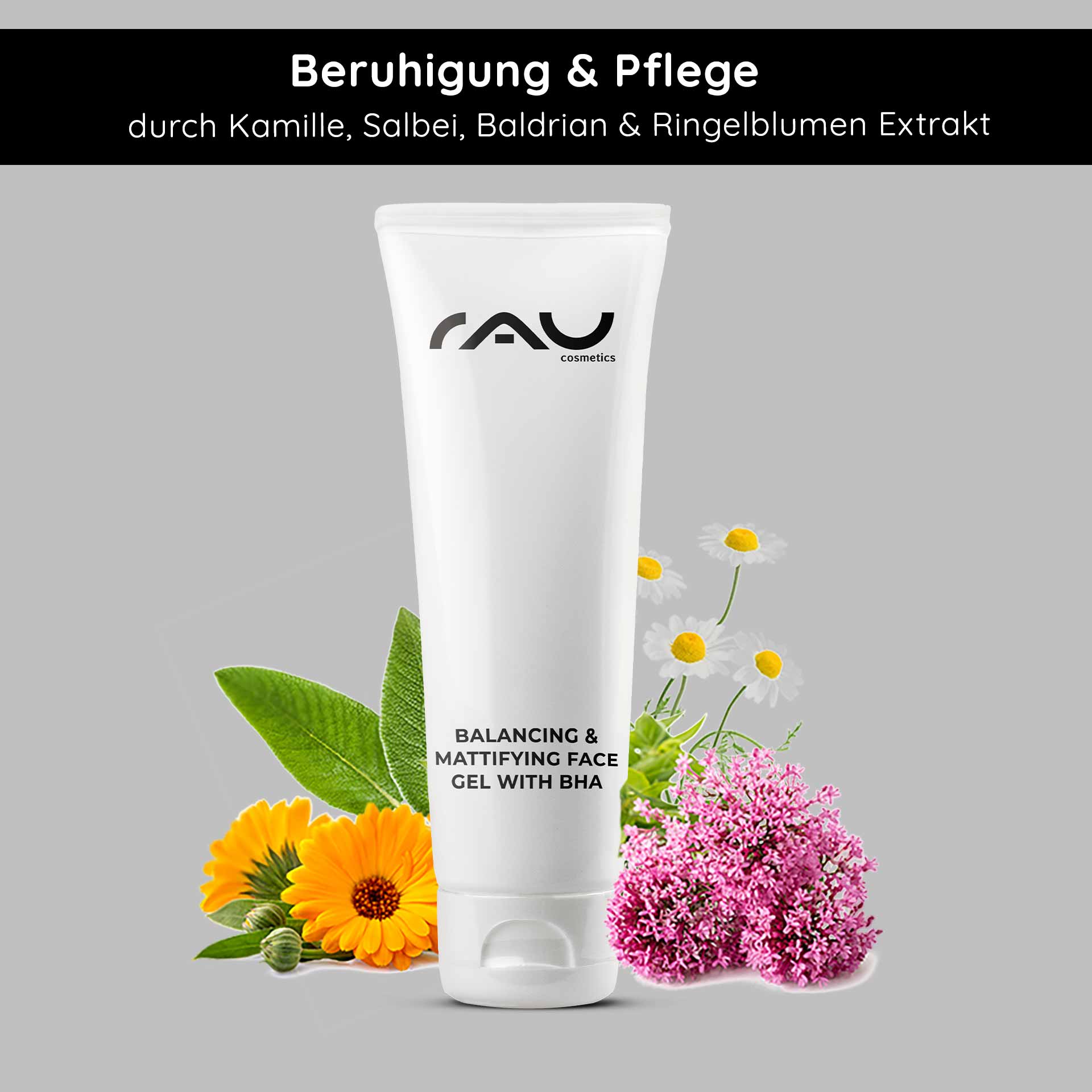 Balancing & Mattifying Gel with BHA 75 ml - facial care for impure and oily skin with salicylic acid for the night RAU Cosmetics Balancing & Mattifying Face Gel mit BHA, umgeben von Kamille, Salbei und Ringelblumenblüten, betont die beruhigende und pflegende Wirkung bei fettiger und unreiner Haut.