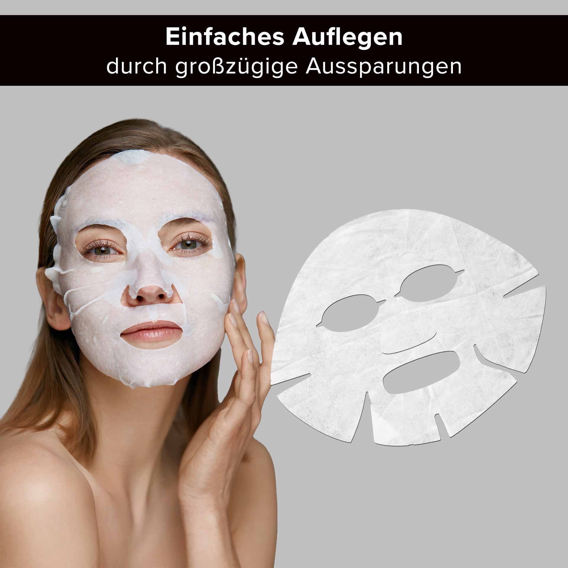 Woman with a fleece face mask demonstrating the RAU Cosmetics Collagen and Hyaluronic Acid Mask, with text "Easy application due to generous cut-outs".