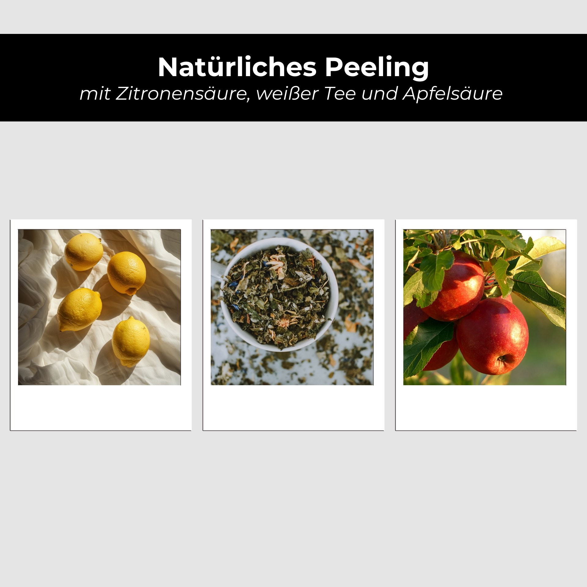 Natural exfoliation: Illustration of ingredients like lemons and herbs that gently clarify the skin.