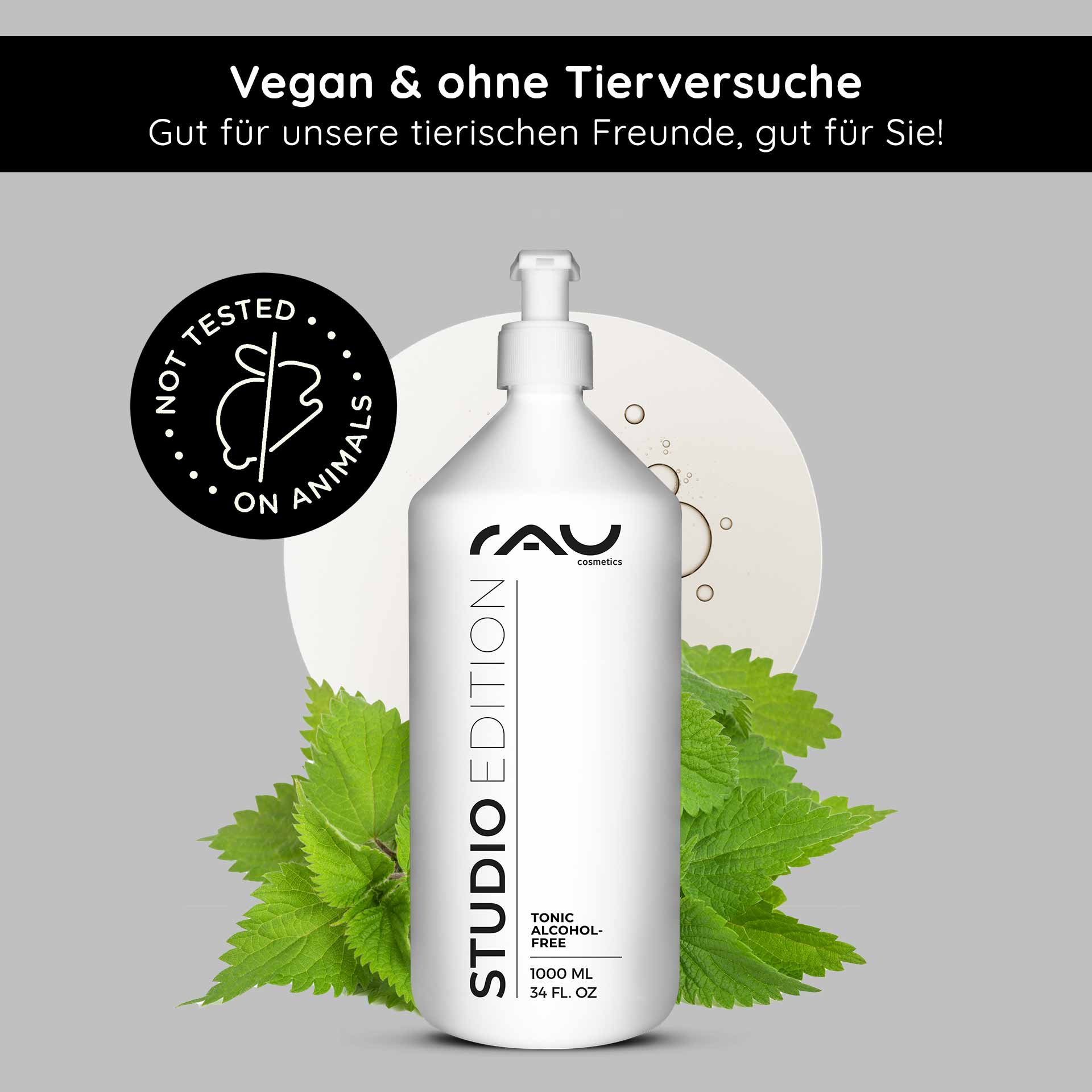Tónico sin alcohol 1000 ml con extracto de ortiga RAU Cosmetics Alkoholfreies Tonic Flasche mit Brennnesselblättern, mit Aufschrift „Vegan & ohne Tierversuche“, 1000 ml, für empfindliche Haut geeignet.