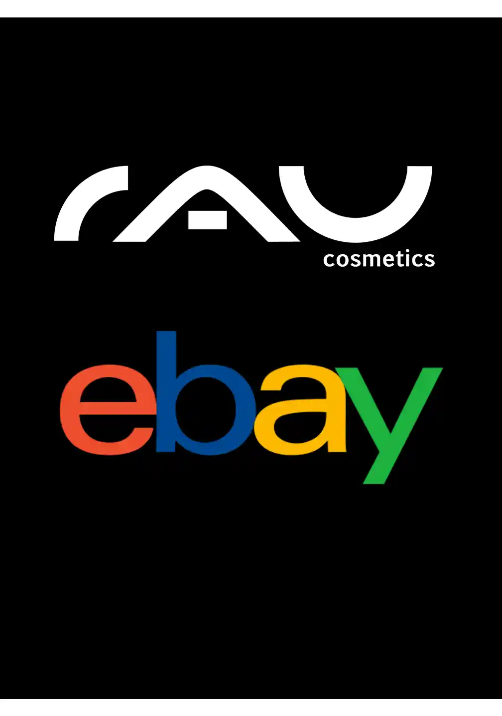 RAU_Cosmetics-Ebay Das RAU Cosmetics-Logo und das eBay-Logo auf schwarzem Hintergrund werben für die Verfügbarkeit von RAU Cosmetics-Produkten auf eBay.
