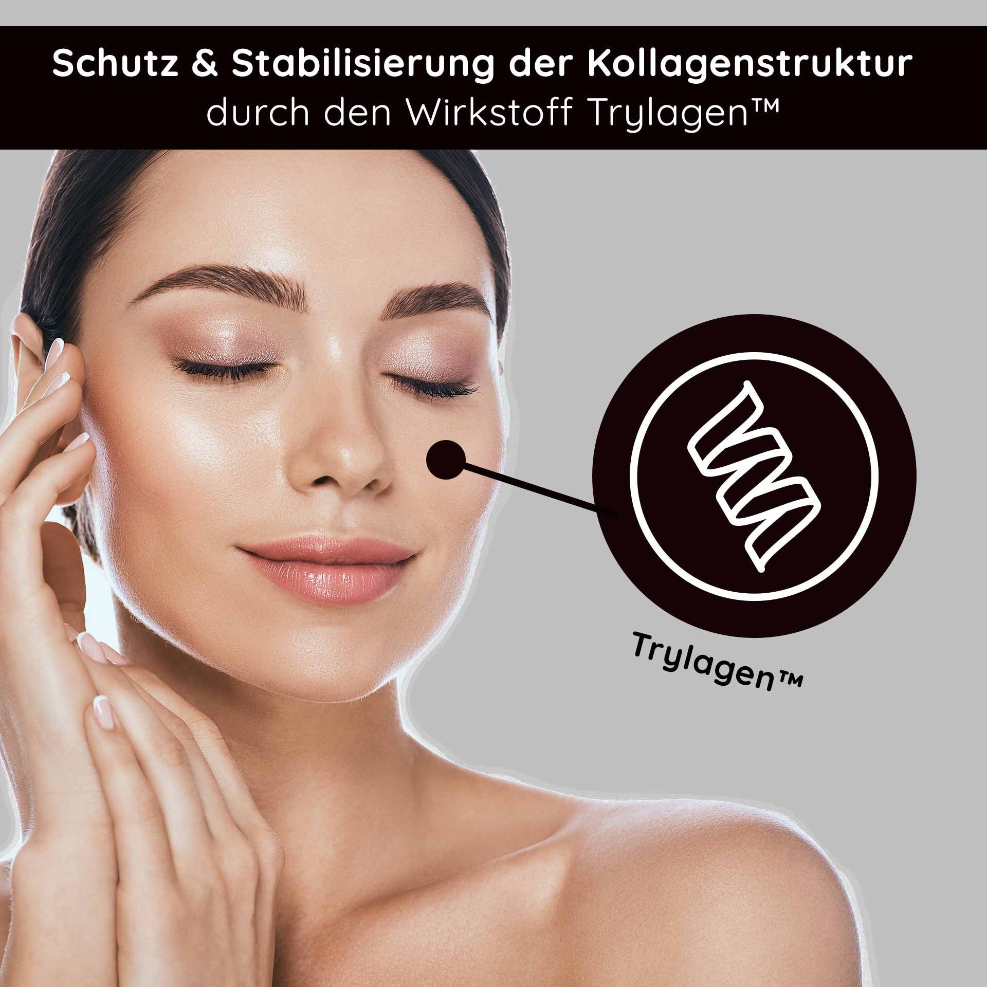 Frau mit strahlender Haut und geschlossenen Augen, die den Wirkstoff Trylagen™ für den Schutz und die Stabilisierung der Kollagenstruktur bewirbt.