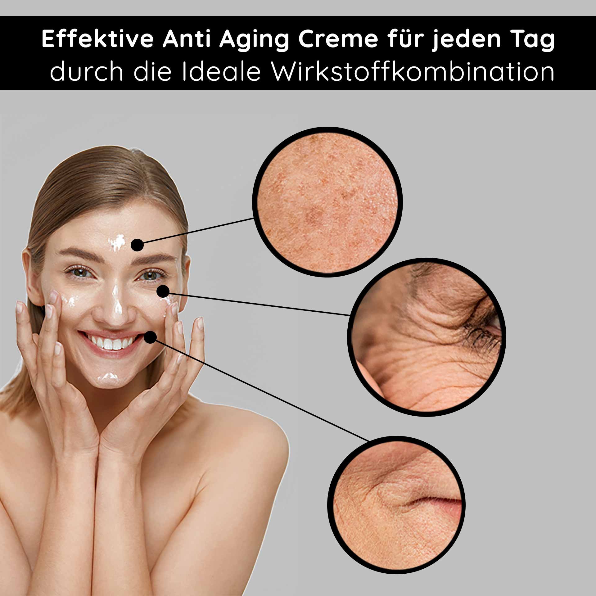Effektive Anti-Aging-Creme für jeden Tag, lächelnde Frau mit Creme auf dem Gesicht, Hautveränderungen wie Falten und Trockenheit hervorgehoben.