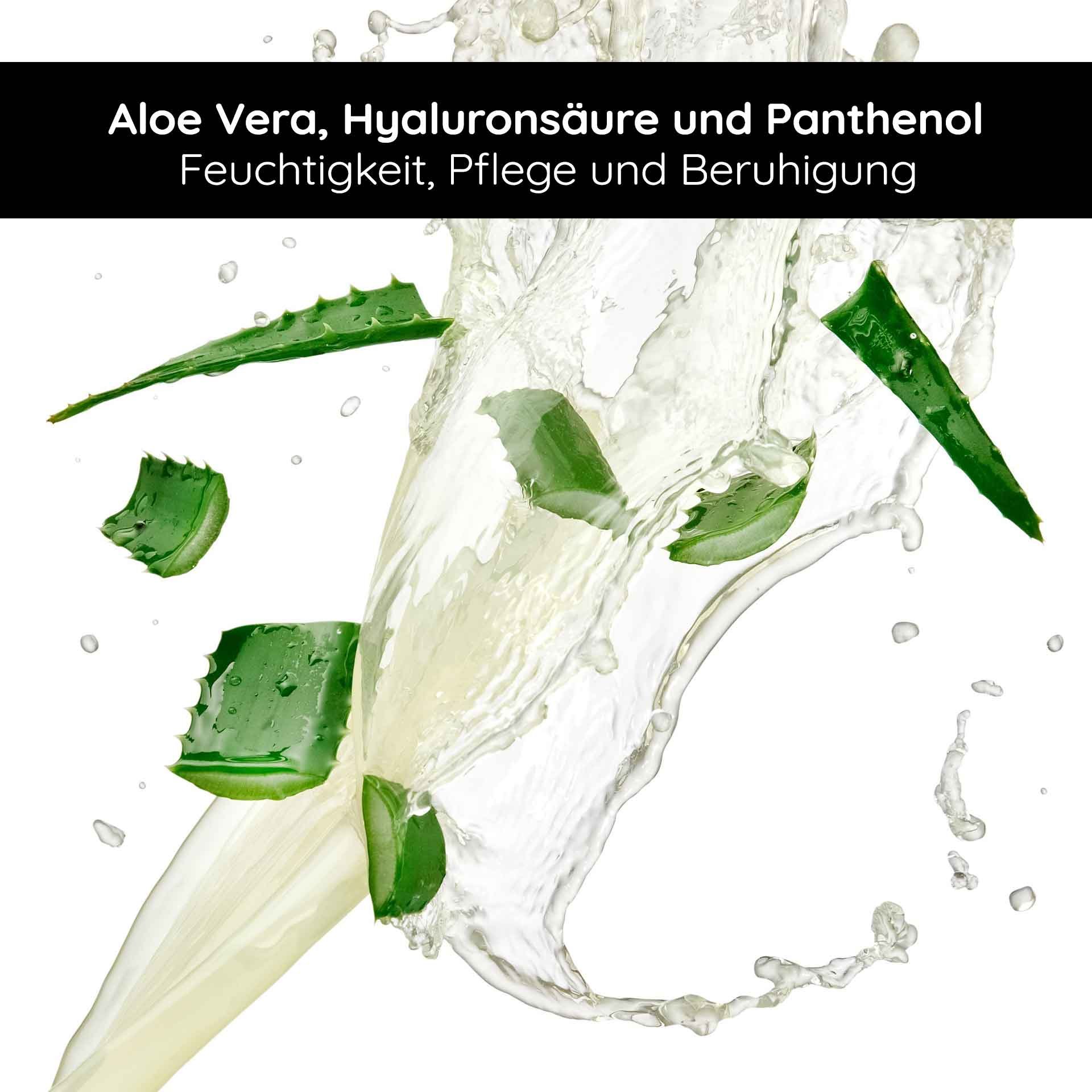 Aloe vera, hyaluronic acid, and panthenol bubbling in water, symbolizing moisture and care for the skin, matching RAU Cosmetics self-tanner for a natural skin feel.