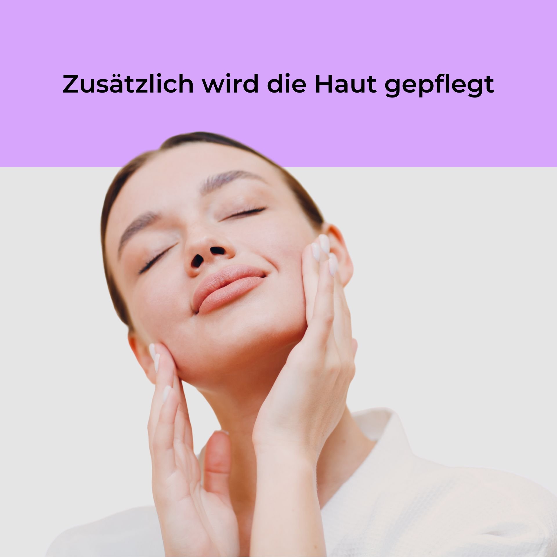 Woman with closed eyes and a gentle smile, touching her face with both hands, surrounded by a light, neutral background, symbolizing skincare and relaxation.