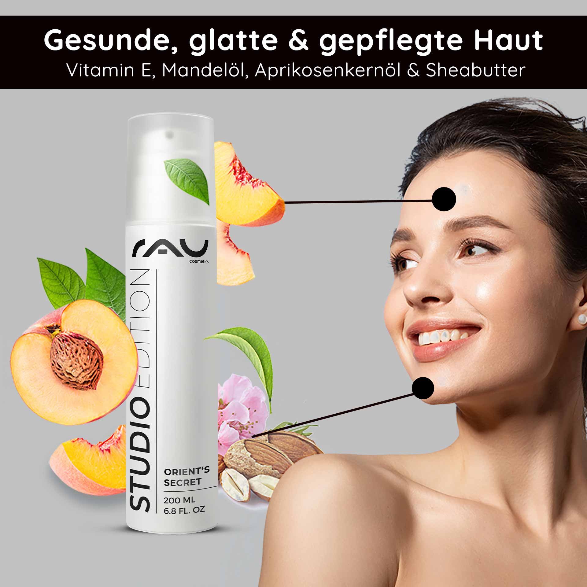 Frasco de la crema facial Orient’s Secret de RAU Cosmetics con ilustraciones de melocotón y almendra, destacando los beneficios para una piel sana y suave con vitamina E, aceite de almendras, aceite de hueso de albaricoque y manteca de karité.