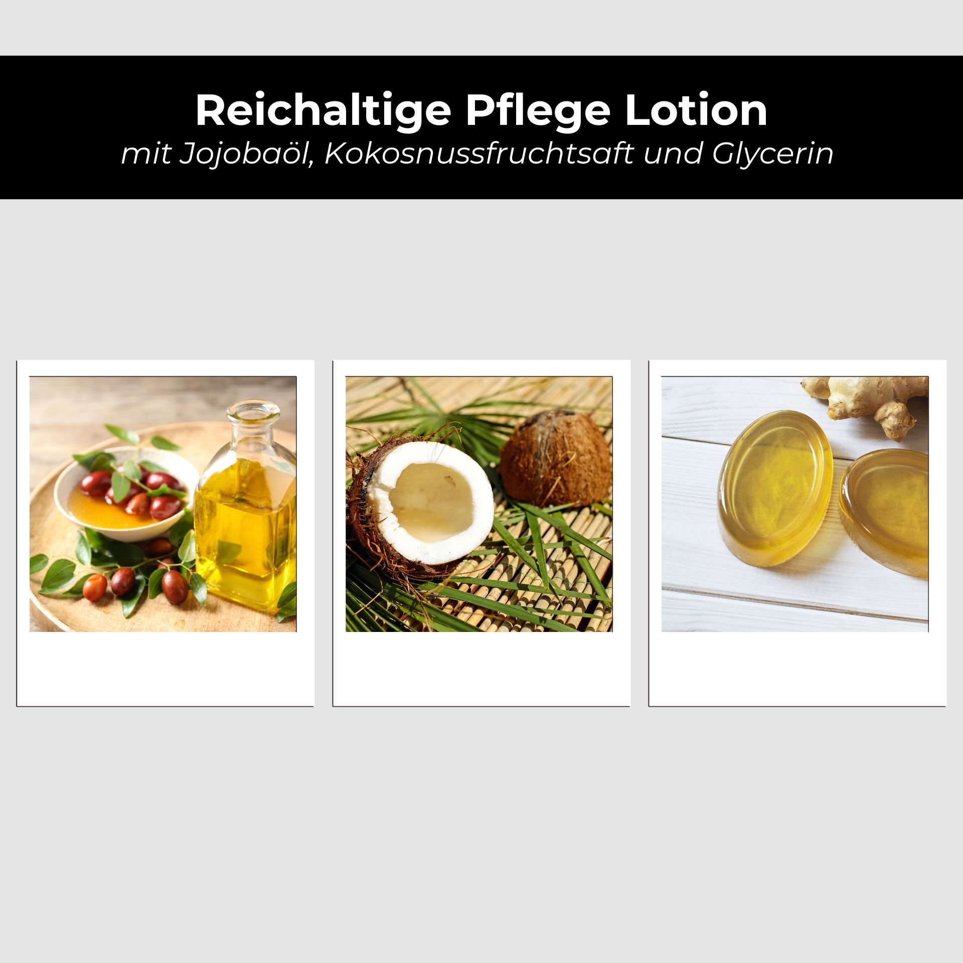 Reichhaltige Pflege Lotion mit Jojobaöl, Kokosnussfrucht und Glycerin, abgebildet in drei Fotos: Ölflasche mit Jojobasamen, aufgeschnittene Kokosnuss und Gel-Behälter.