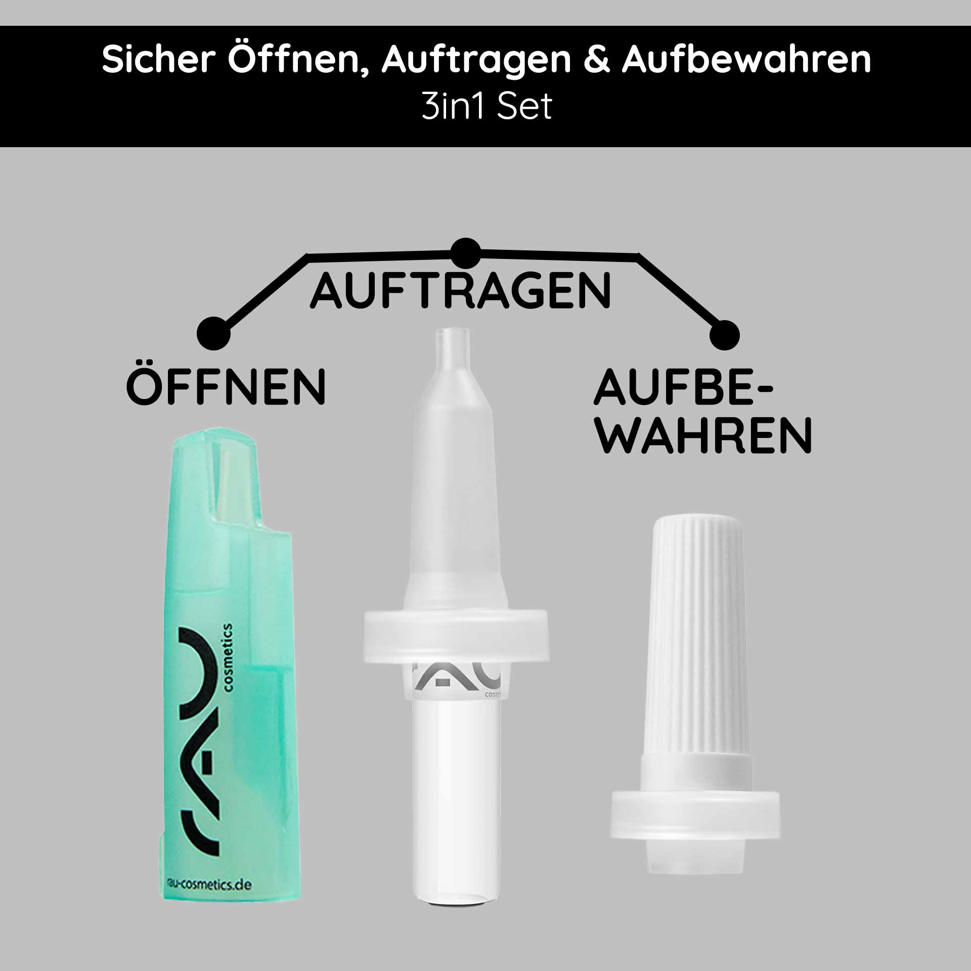 Ampoule Opener & Ampoule Applicator Set Ampullenöffner und Ampullenapplikator Set von RAU Cosmetics, 3-in-1 Set zur sicheren Öffnung, präzisen Anwendung und hygienischen Aufbewahrung von Gesichtsampullen.