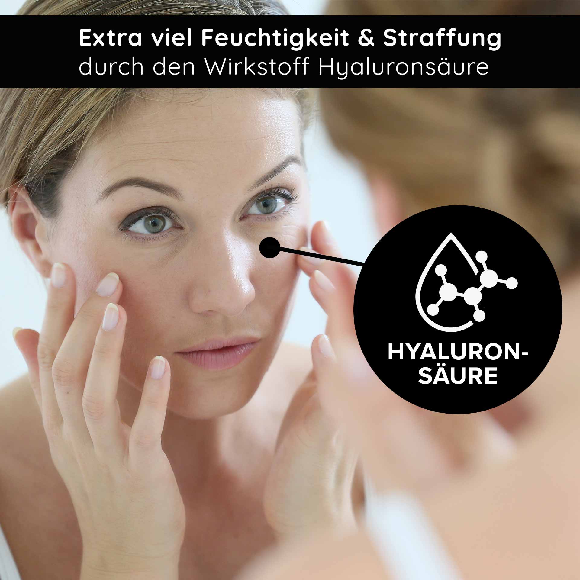 Stem Cell Cream 50 ml Stem Cells Anti Aging Cream For Dry Mature Skin Frau mit sanfter Hautpflegeanwendung, betont Hyaluronsäure für zusätzliche Feuchtigkeit und Straffung, im Kontext von Anti-Aging und Hautpflege.