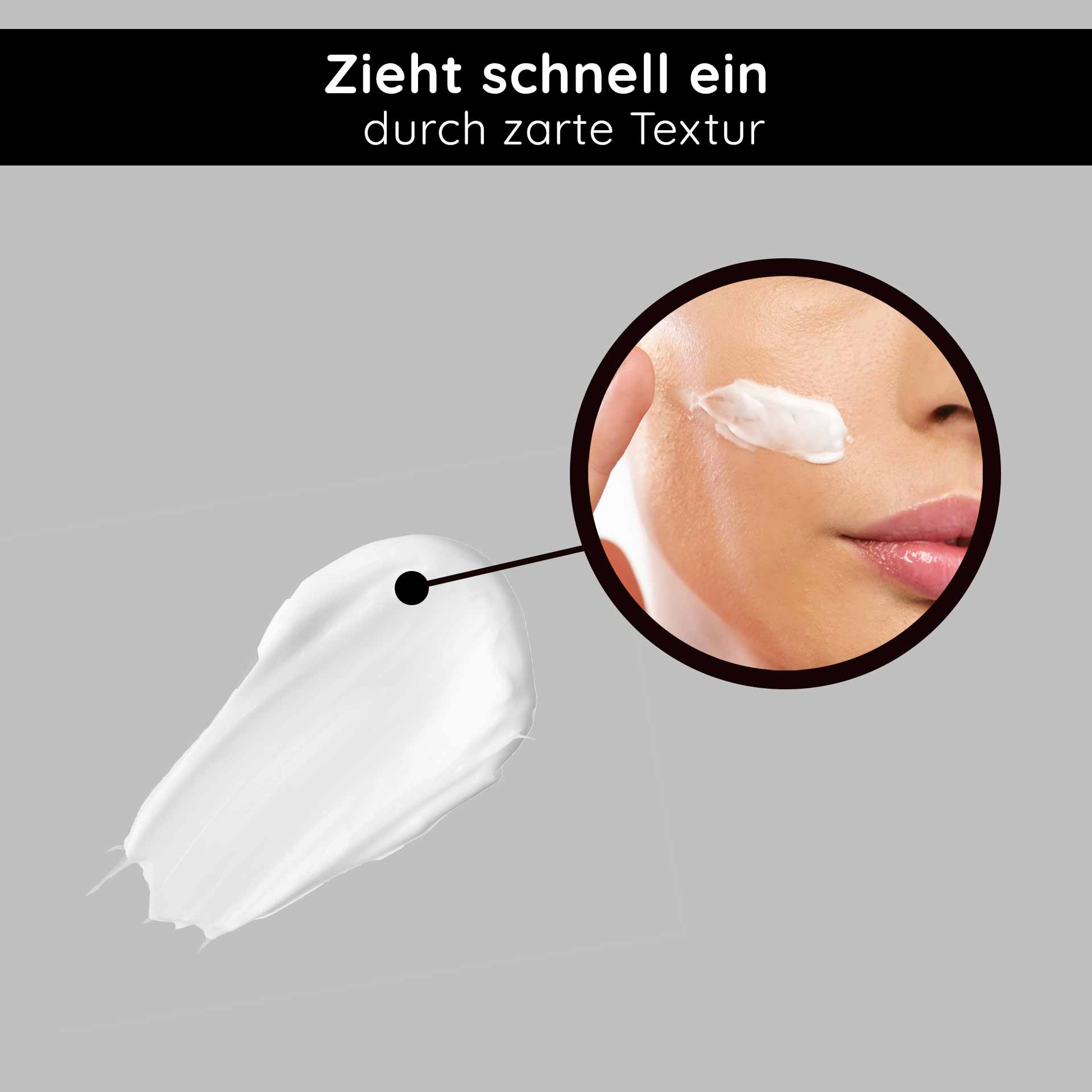 Orient's Secret 50 ml con Amnethyst Powder Gesichtspflegecreme mit zarter Textur, die schnell einzieht, abgebildet auf grauem Hintergrund, mit Nahaufnahme auf Haut, die Creme aufträgt.