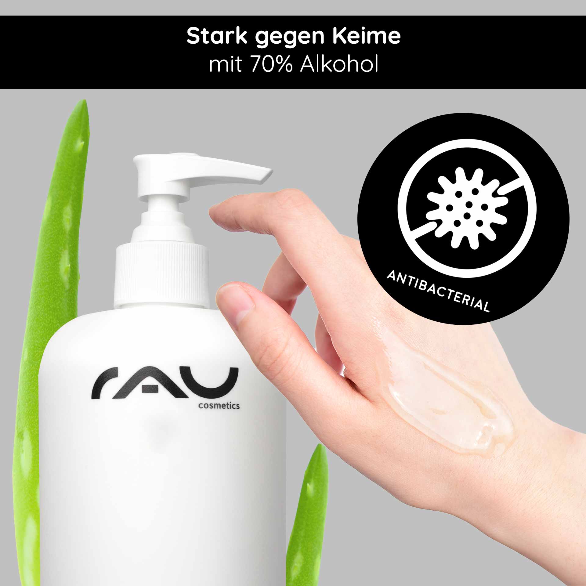 Gel Limpiador de Manos 500 ml Desinfección y Cuidado RAU Hand Care Reinigungsgel mit 70 % Alkohol, Aloe Vera und einer Hand, die das Gel aufträgt, wobei die antibakteriellen Eigenschaften und die Hautpflege im Vordergrund stehen.