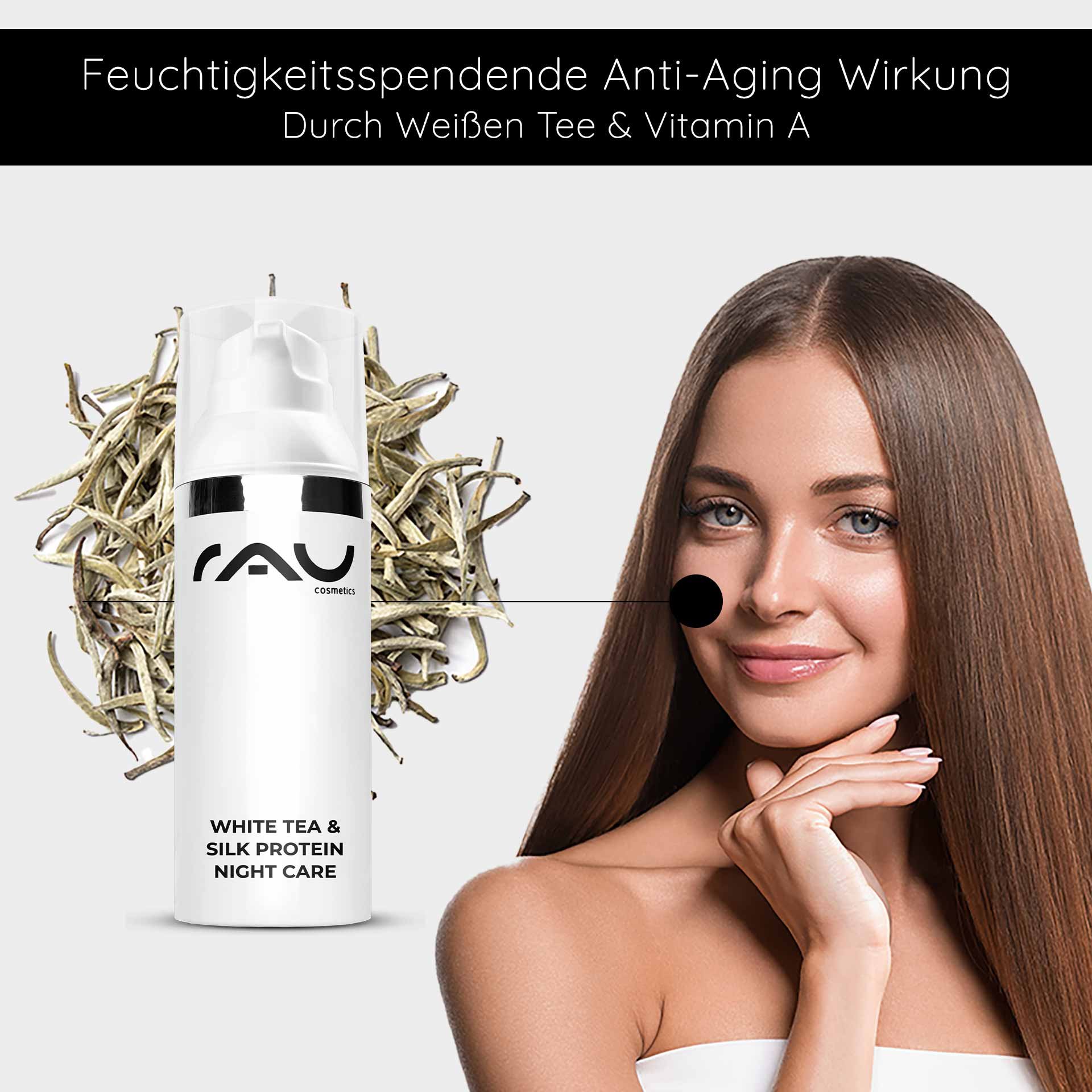 Nachtcreme von RAU Cosmetics mit weißem Tee und Seidenproteinen, feuchtigkeitsspendende Anti-Aging Wirkung, junge Frau mit gesundem Teint und langen Haaren, auf Gesicht zeigend.