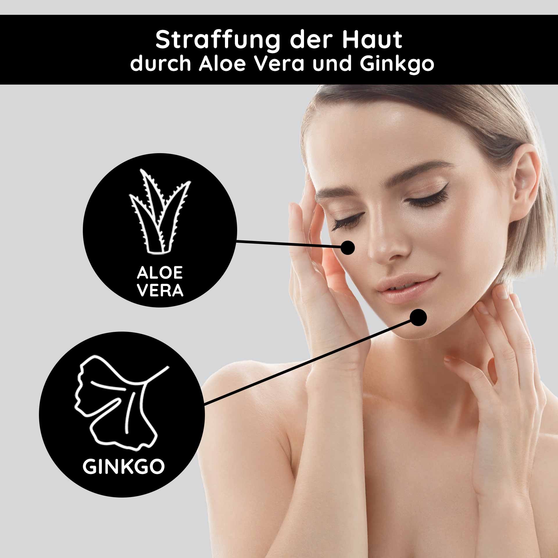 Mujer con piel suave y expresión facial gentil, rodeada de símbolos de aloe vera y ginkgo, que resaltan las propiedades reafirmantes de RAU Cosmetics O2 Rich Cream.
