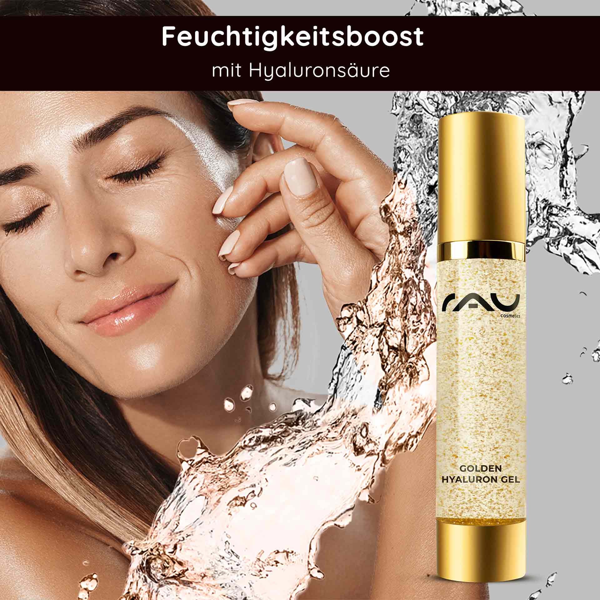Woman with a radiant complexion and golden RAU Golden Hyaluron Gel, surrounded by water droplets, embodying luxurious skincare and a moisture boost with hyaluronic acid.