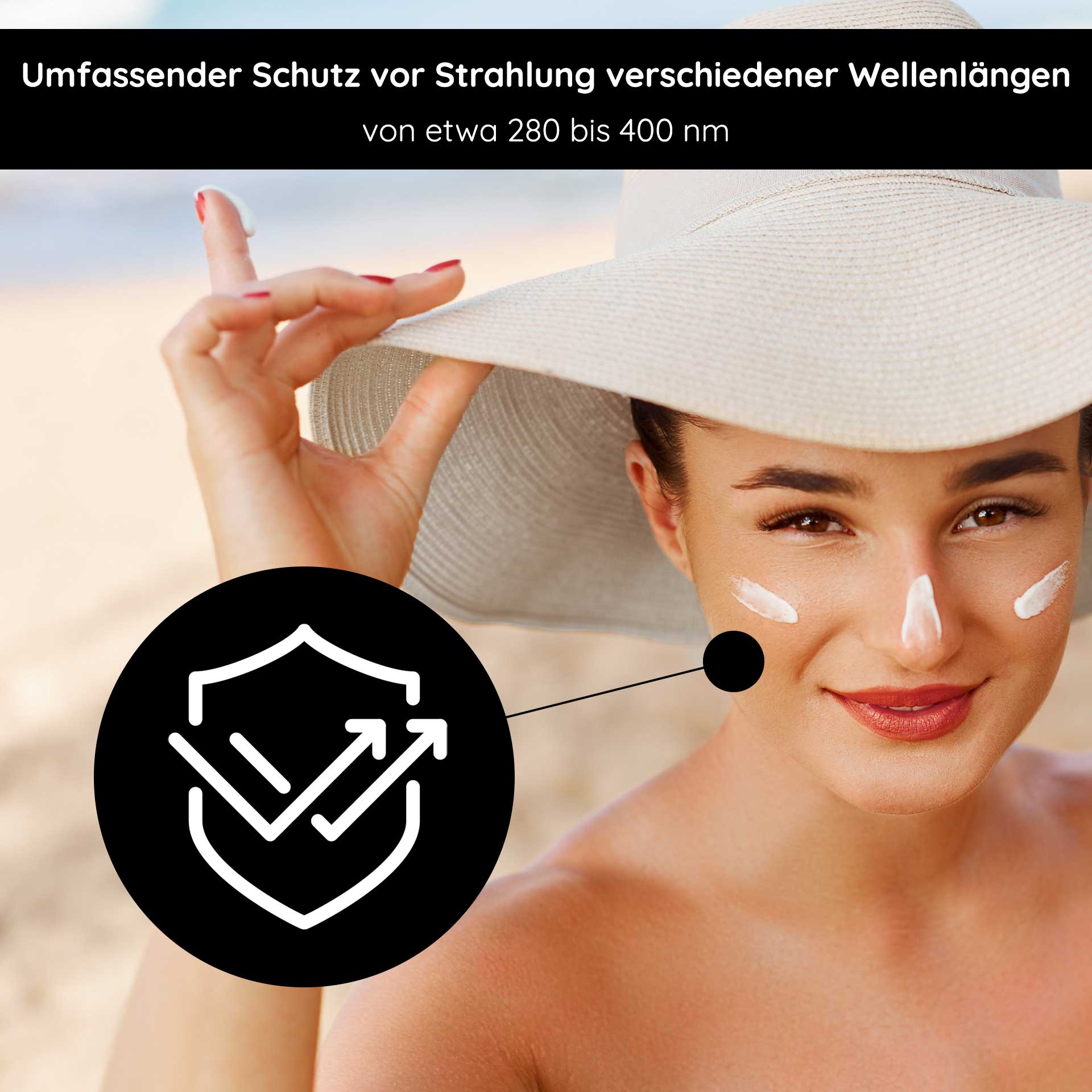 Sunscreen SPF 50 with Organic Karanja Oil 75 ml - Sunscreen Frau mit Sonnenhut und Sonnenschutzcreme im Gesicht, betont umfassenden Schutz vor UV-Strahlung, RAU Cosmetics, SPF 50, Hautpflege.