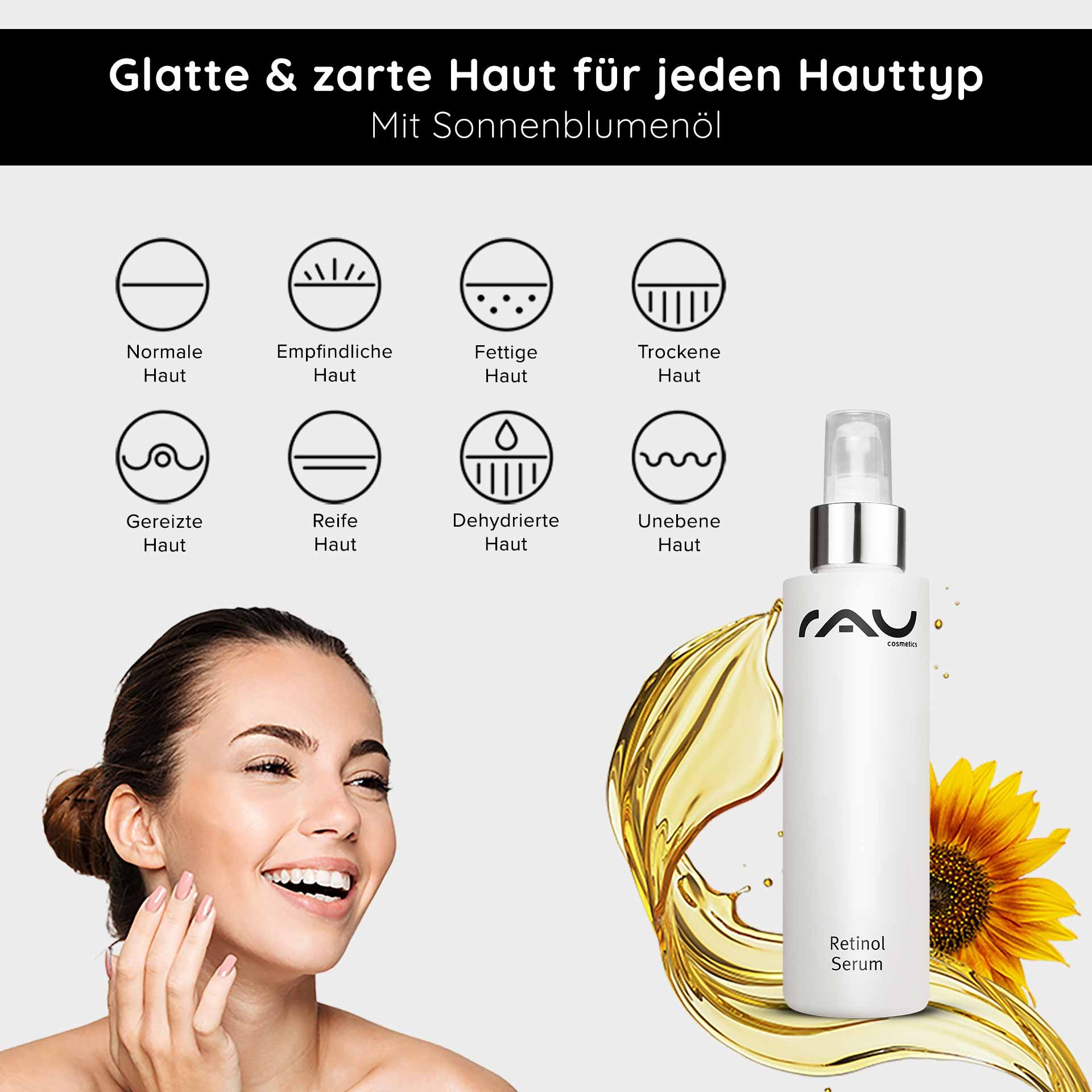 Anti-aging expert: A woman with a smooth complexion presents the Retinol Serum with precious sunflower oil.
