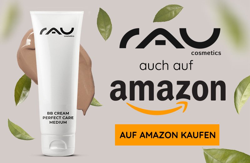 RAU Cosmetics BB Cream Perfect Care Medium in einer Tube mit grünem Blätterhintergrund und Kaufoptionen auf Amazon.