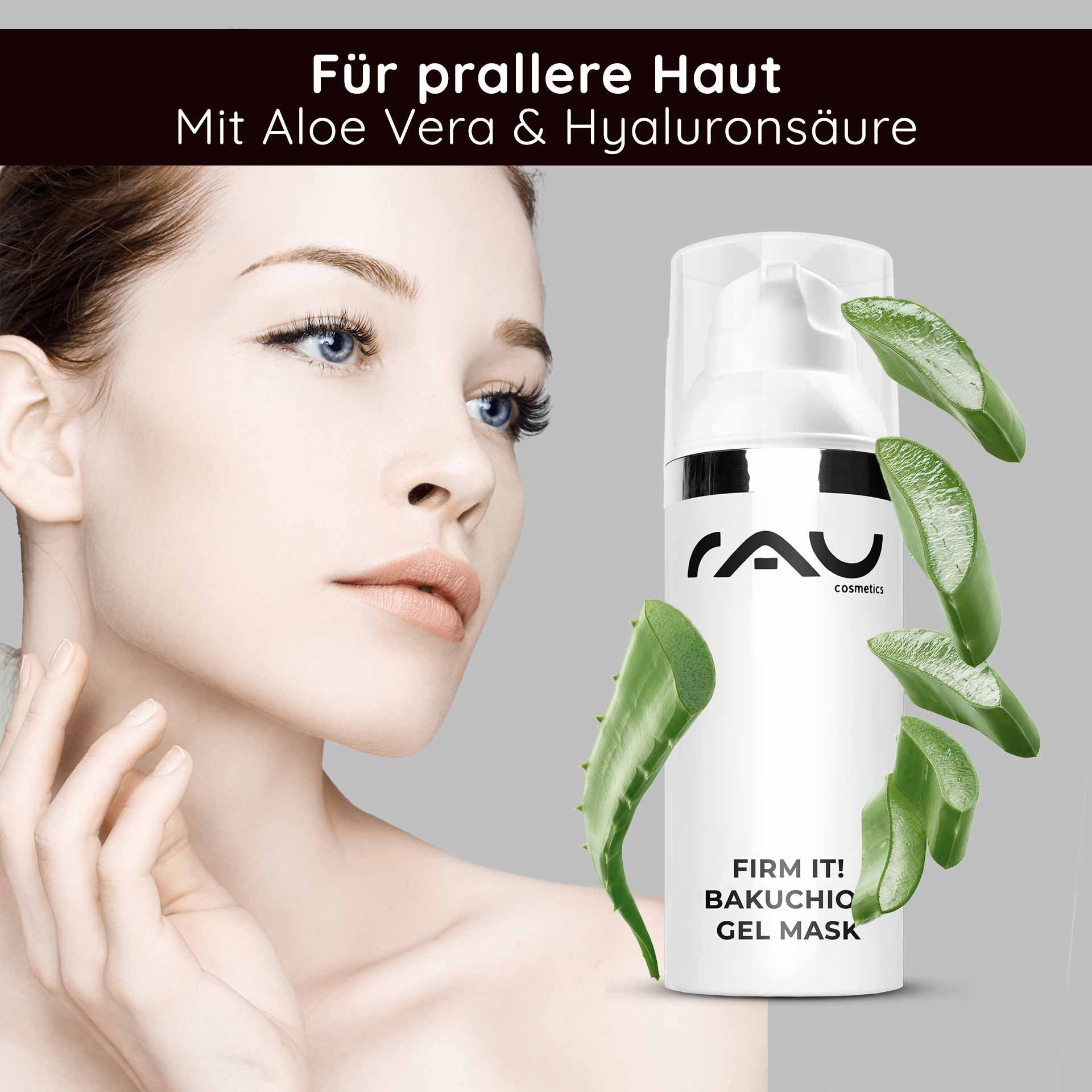 Mujer con mascarilla Bakuchiol de RAU y aloe vera.