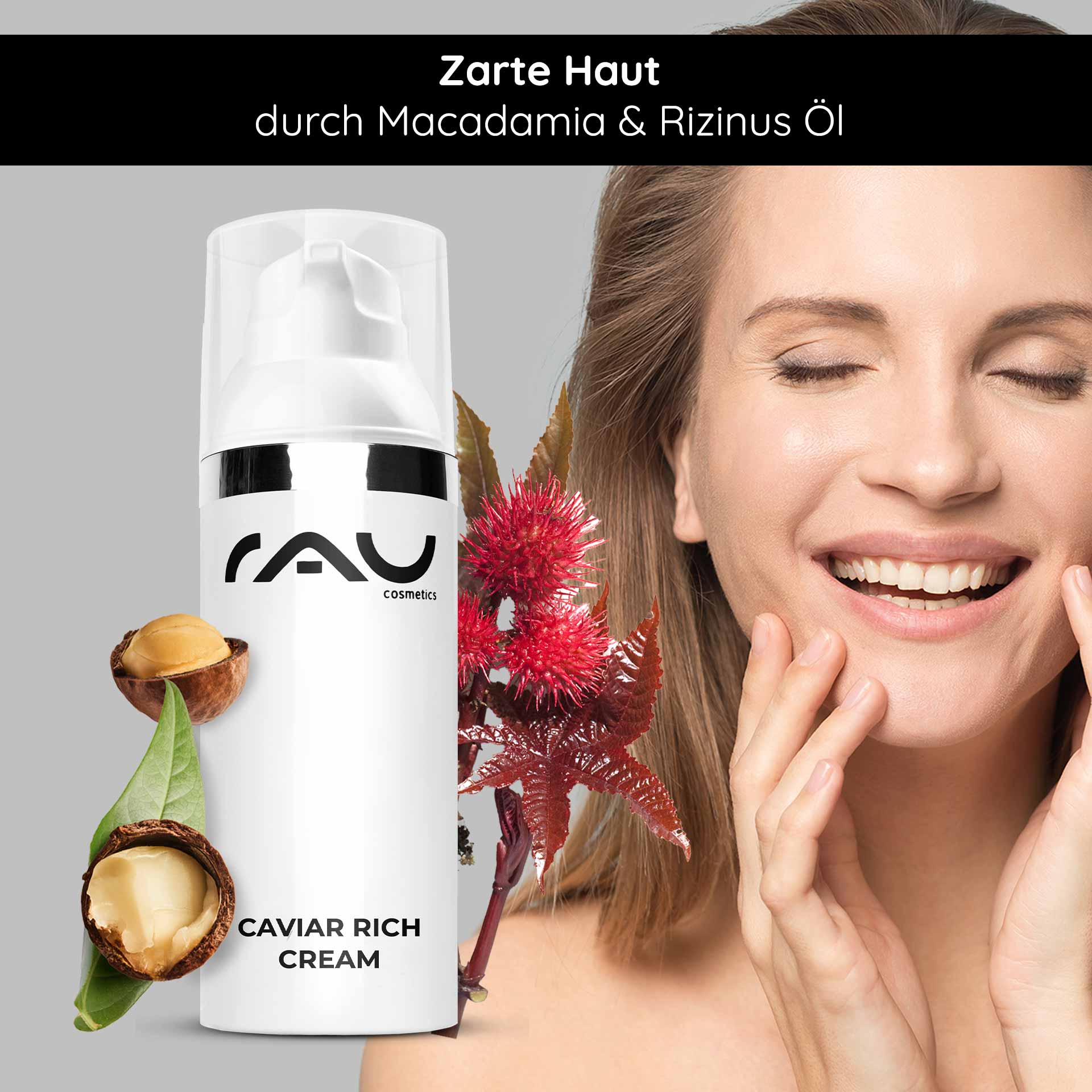 Crema rica de caviar 50 ml Crema rica antiedad Flasche Caviar Rich Cream mit Macadamia- und Rizinusöl, lächelnde Frau, die ihr Gesicht berührt, um die Vorteile weicher Haut zu fördern.
