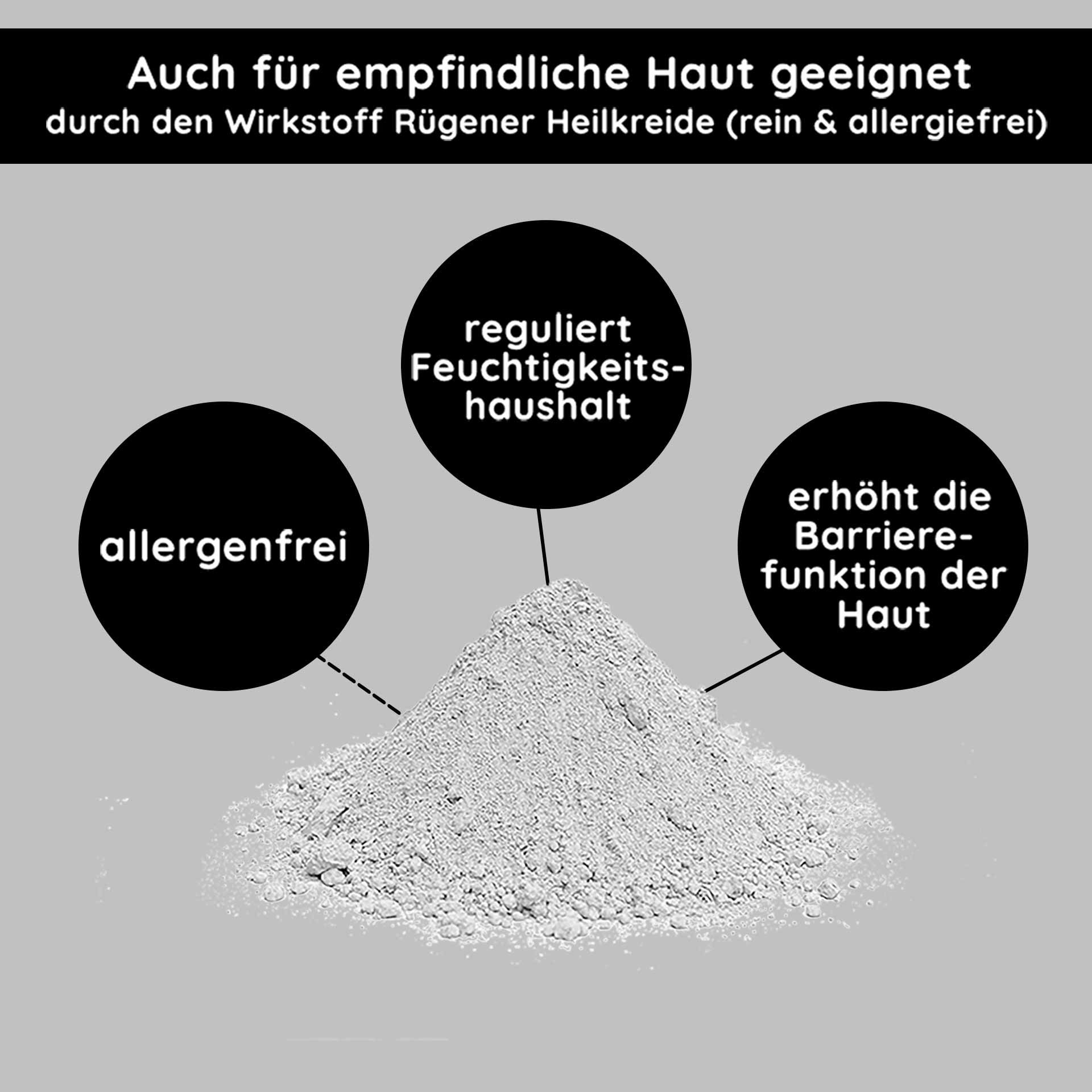 Los ingredientes de la mascarilla mineral destacan los beneficios de la arcilla curativa de Rügen para pieles sensibles, regulan el equilibrio de hidratación y refuerzan la función de barrera cutánea.