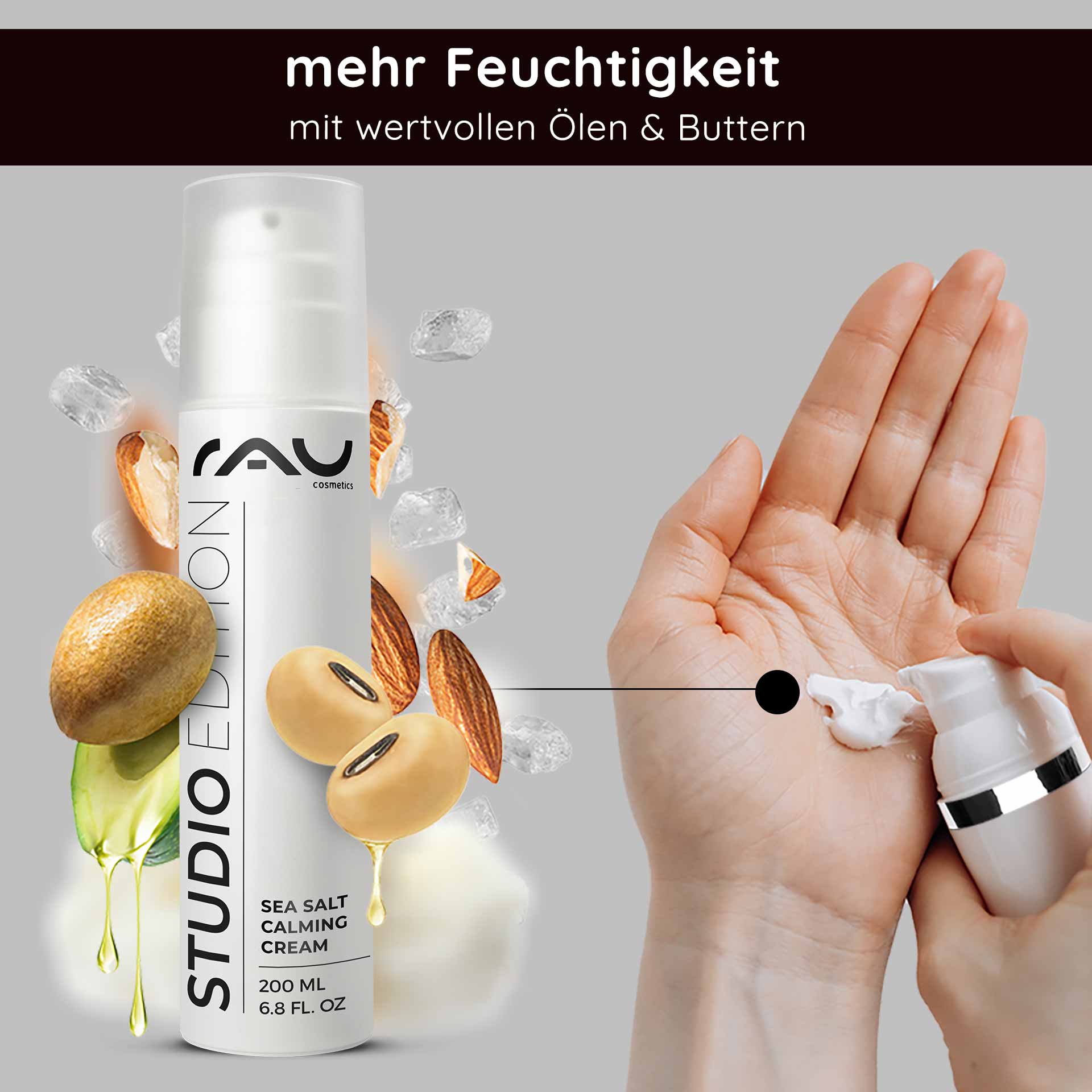 Crema Calmante Sal Marina 200 ml con sal marina y PHA Flasche der RAU Sea Salt Calming Cream mit Kamillenblüten, Meersalz und grünen Blättern, die die beruhigenden und feuchtigkeitsspendenden Eigenschaften für empfindliche Haut betont.