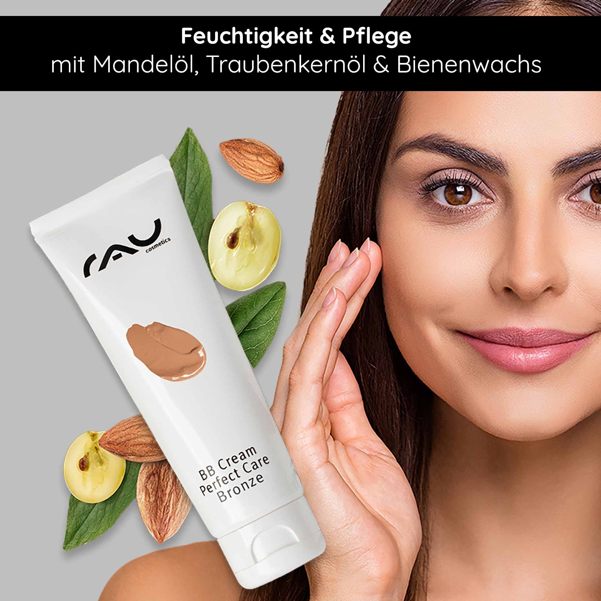 BB Cream Perfect Care Bronze-Tube mit Mandel- und Traubenkernöl, Frau trägt das Produkt auf ihr Gesicht auf und betont die feuchtigkeitsspendende und hautpflegende Wirkung.