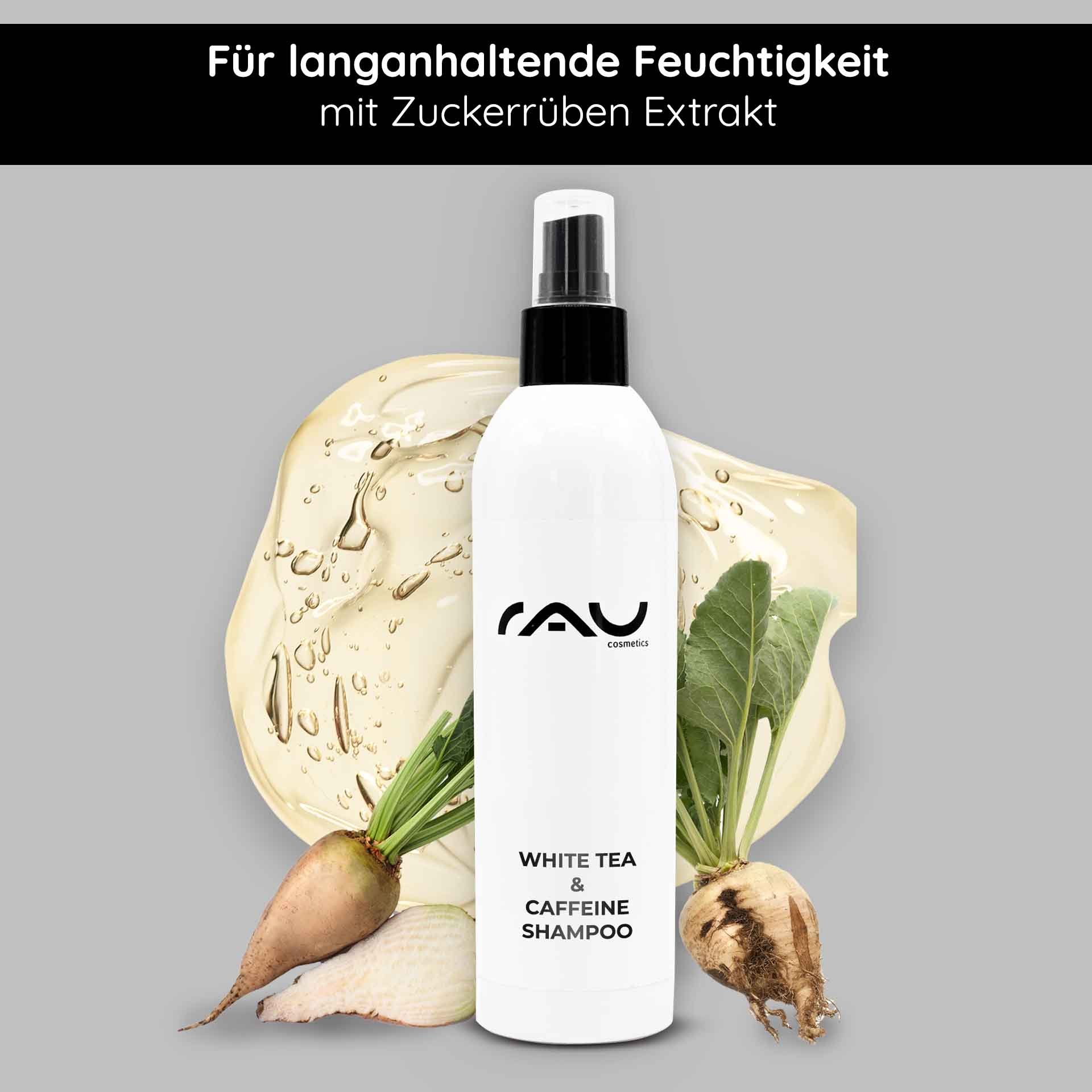 Weißes Teekoffein Shampoo in einer weißen Flasche, umgeben von Zuckerrüben und einem glänzenden Flüssigkeitsakzent, für langanhaltende Feuchtigkeit und sanfte Haarpflege.