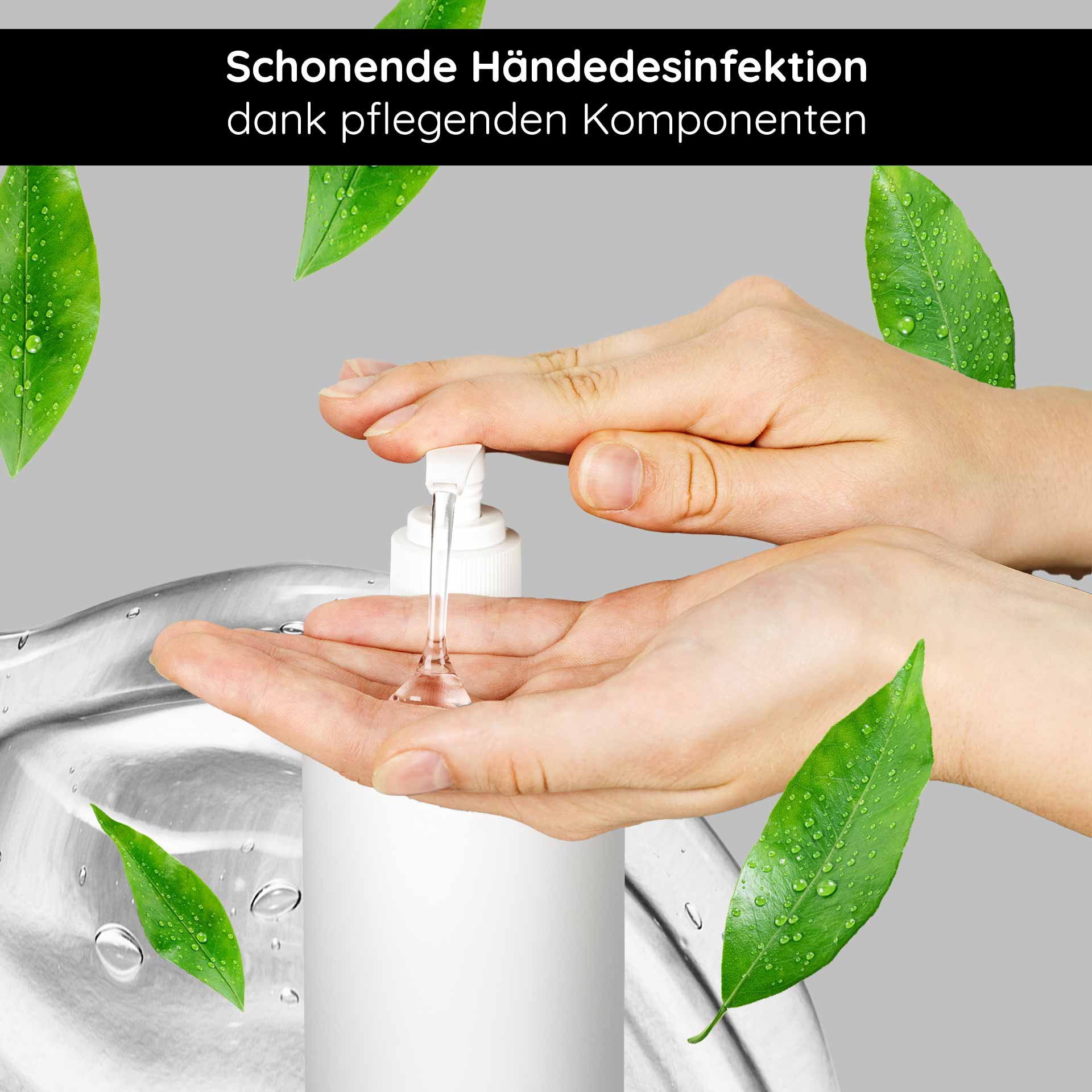 Gel Limpiador de Manos 500 ml Desinfección y Cuidado Hände desinfizieren mit RAU Cosmetics Hand Care Cleansing Gel, sanfte Pflege und antibakterielle Wirkung, umgeben von grünen Blättern und Wassertropfen.