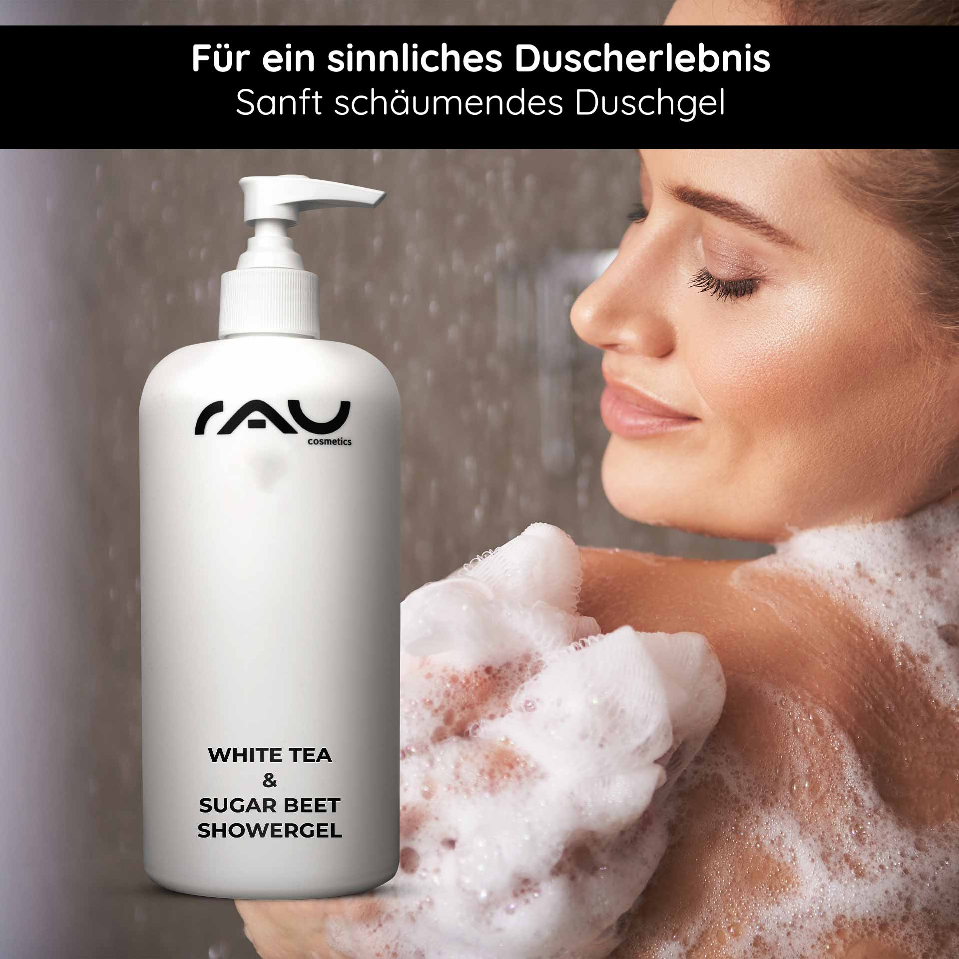 Gel de Ducha Té Blanco y Remolacha Azucarera 500 ml Gel de Ducha Flasche von RAU Cosmetics mit White Tea & Sugar Beet Showergel, sanft schäumendes Duschgel, Anwendung auf der Haut, angenehmer Duft, für ein sinnliches Duscherlebnis.