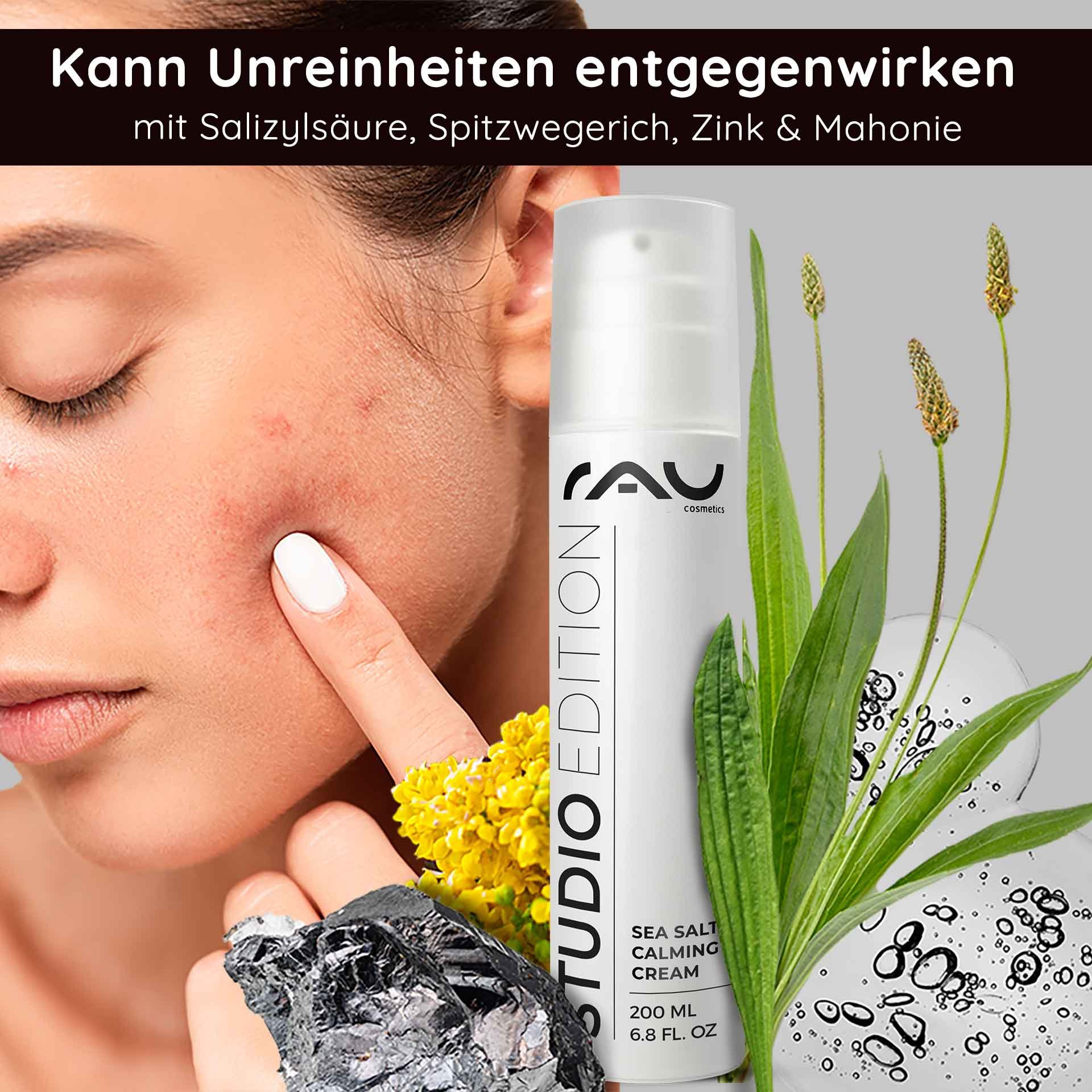 Woman with impure skin pointing to a pimple, next to RAU Cosmetics Sea Salt Calming Cream in packaging, surrounded by plants and water droplets, emphasizing skincare benefits against impurities.