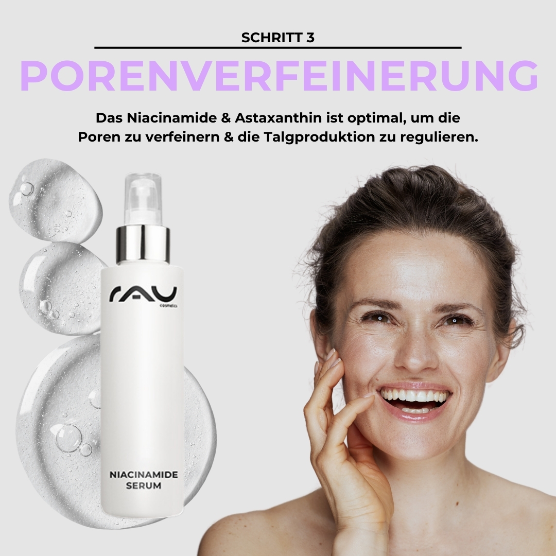 Rutina de cuidados avanzados para pieles grasas Frau mit strahlendem Lächeln und Niacinamide Serum von RAU Cosmetics, umgeben von Wasserblasen, Schritt 3 der Pflege für fettige Haut zur Porenverfeinerung.
