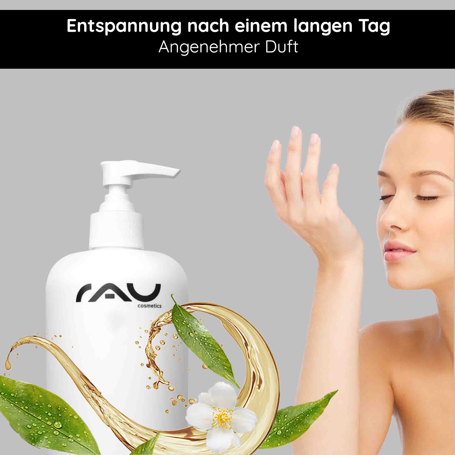 Gel de Ducha Té Blanco y Remolacha Azucarera 500 ml Gel de Ducha RAU Cosmetics White Tea & Caffeine Shampoo – 500 ml Flasche mit Pumpverschluss, umgeben von weißen Blüten und grünen Blättern, die Frische und Pflege symbolisieren.