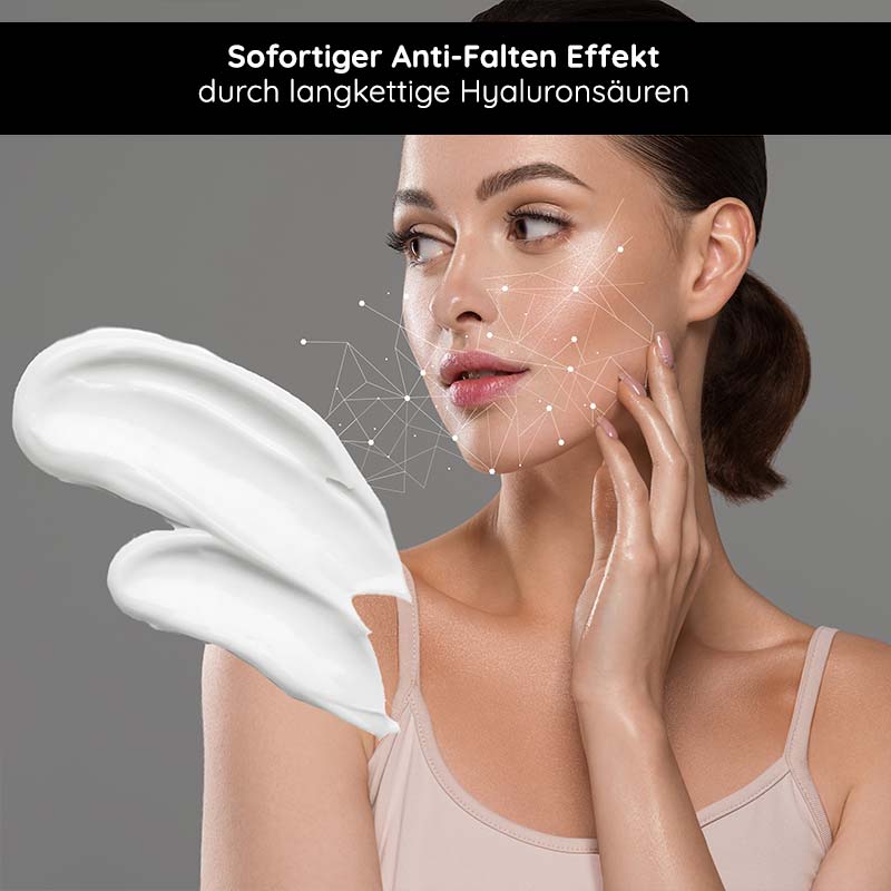 Hyaluron 24h Crema 200 ml con manteca de karité y aceite de aguacate Frau mit glatter Haut und Anti-Falten-Creme, betont die Vorteile von langkettigen Hyaluronsäuren für sofortige Hautstraffung und -pflege.