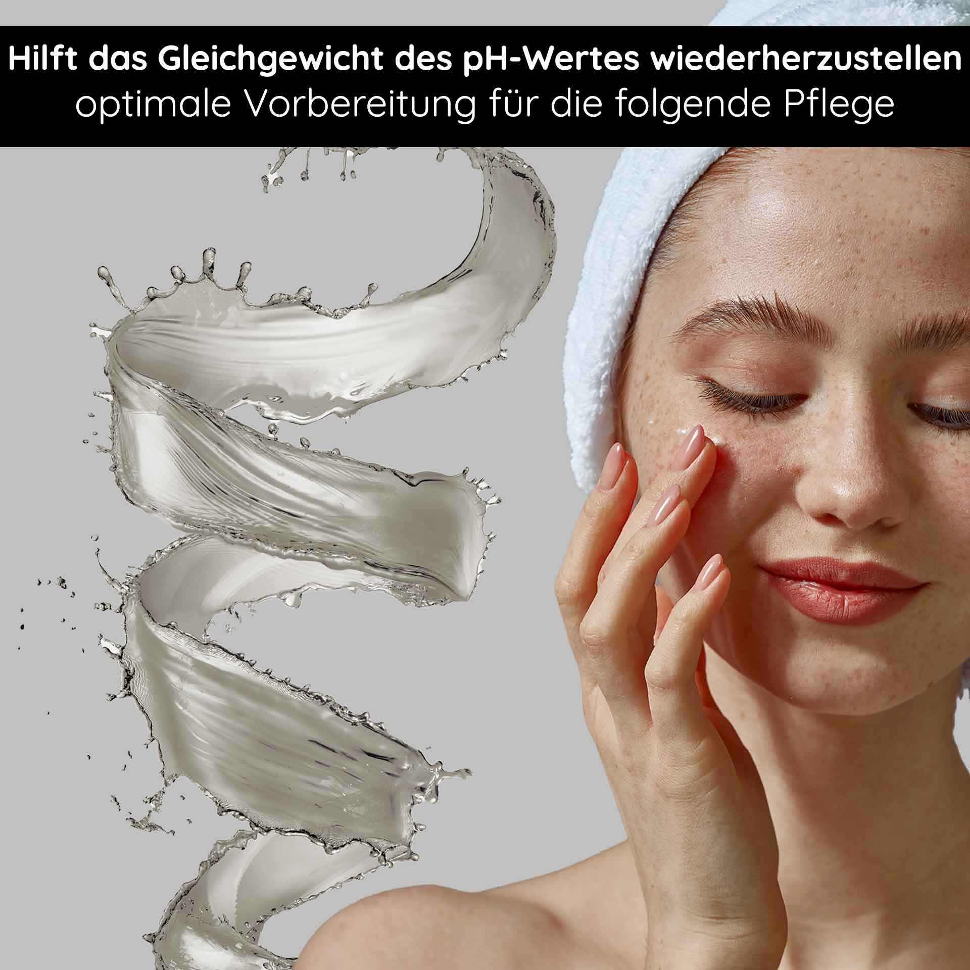 AHA Neutralizer 200 ml to neutralize the skin AHA-Neutralisator mit einer Frau, die ihn auf ihr Gesicht aufträgt. Er zeigt die Wiederherstellung des pH-Gleichgewichts und die Vorbereitung auf die Hautpflege, mit wirbelnder gelartiger Textur und Wasserspritzern.