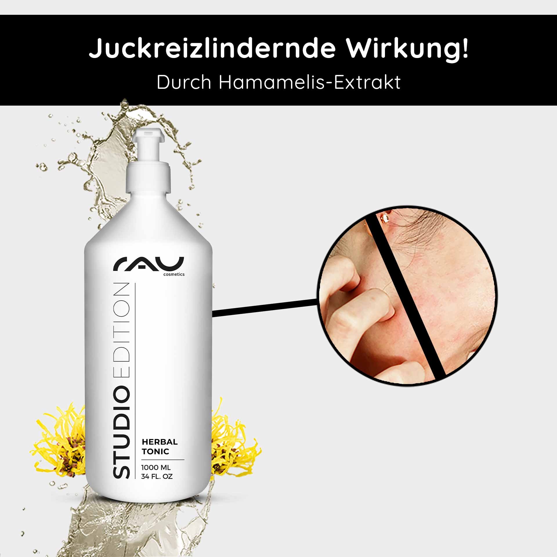 Un frasco de tónico herbal de RAU Cosmetics con extracto de hamamelis, que tiene un efecto calmante sobre la piel sensible, y presenta una imagen insertada de una mano tocando suavemente la piel irritada.