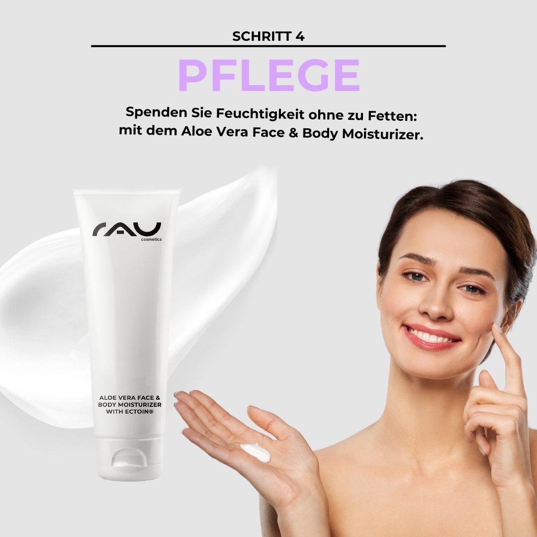 Aloe Vera Face & Body Moisturizer von RAU Cosmetics in einer Tube, mit einer Frau, die die Creme auf ihr Gesicht aufträgt, wobei der Schwerpunkt auf Feuchtigkeit liegt, ohne zu fetten, Schritt 4 der erweiterten Hautpflegeroutine für Mischhaut.
