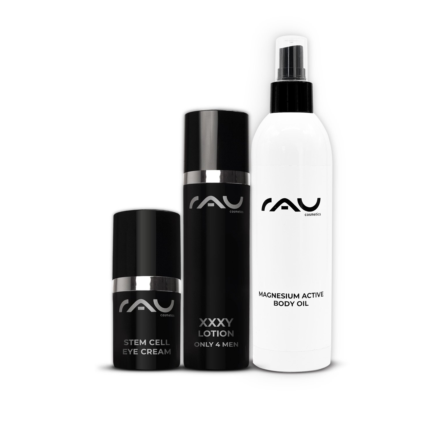 Magnesium Active Body Oil, XXXY Lotion, and Stem Cell Eye Cream by RAU Cosmetics presenting the essential skincare products for men for regeneration, hydration, and anti-aging.