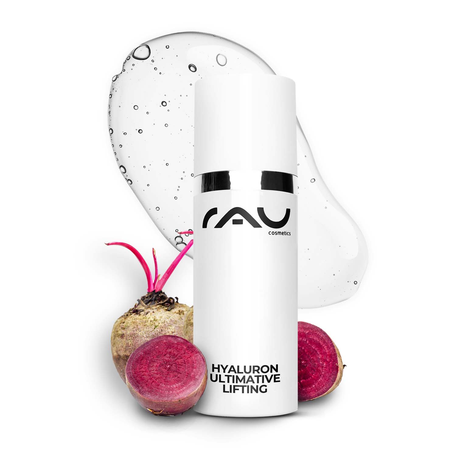Hyaluron Ultimate Lifting 50 ml Hyaluron Lifting Gel Hyaluron Ultimative Lifting Serum von RAU Cosmetics in weißer Flasche mit silbernem Deckel, umgeben von Rüben und einem feuchtigkeitsspendenden Gel, präsentiert als Anti-Aging Lösung für trockene Haut.