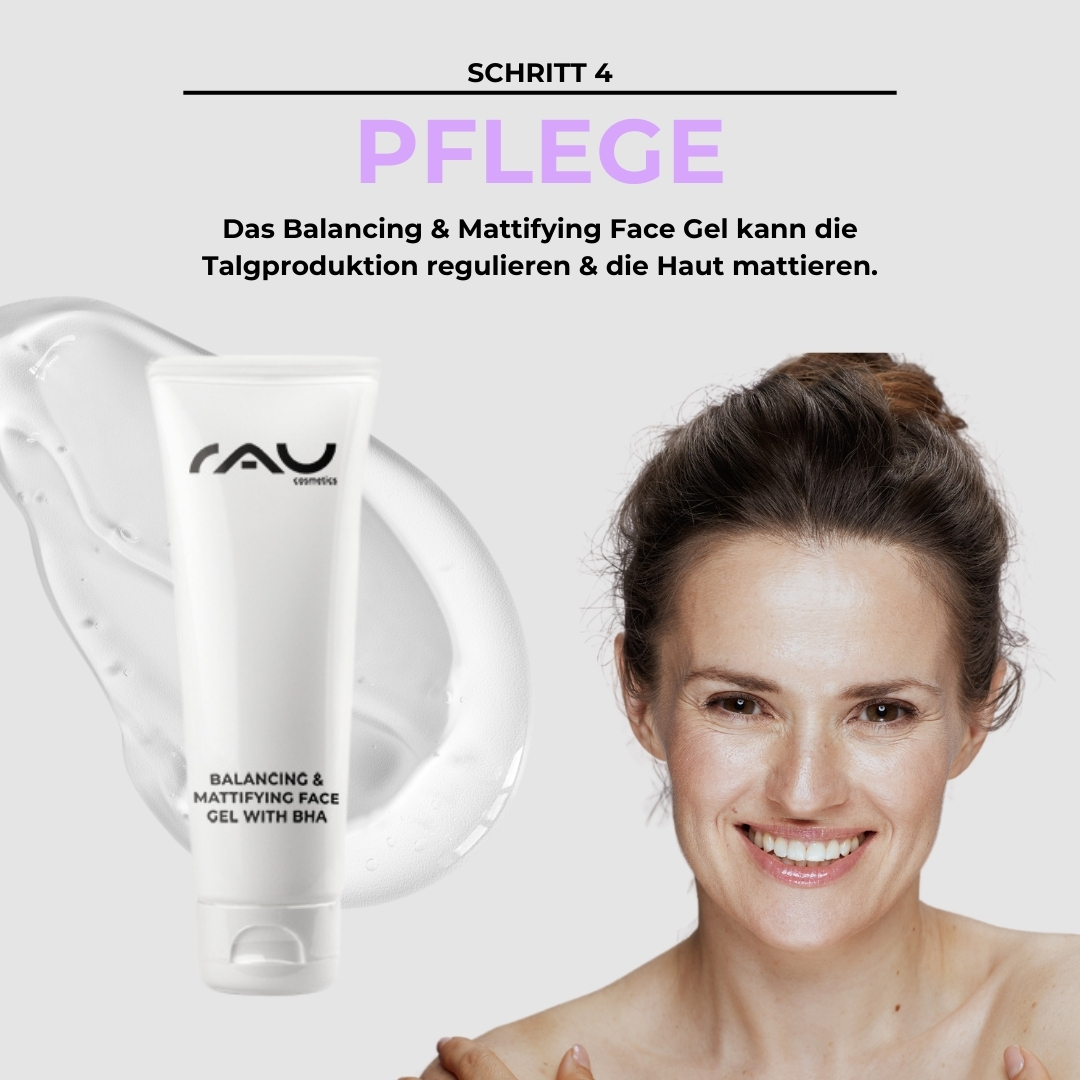 Rutina de cuidados avanzados para pieles grasas Balancing & Mattifying Face Gel von RAU Cosmetics, Schritt 4 der erweiterten Hautpflegeroutine für fettige Haut, mit einer lächelnden Frau, die das Produkt aufträgt und seine Vorteile für die Regulierung der Ölproduktion hervorhebt.