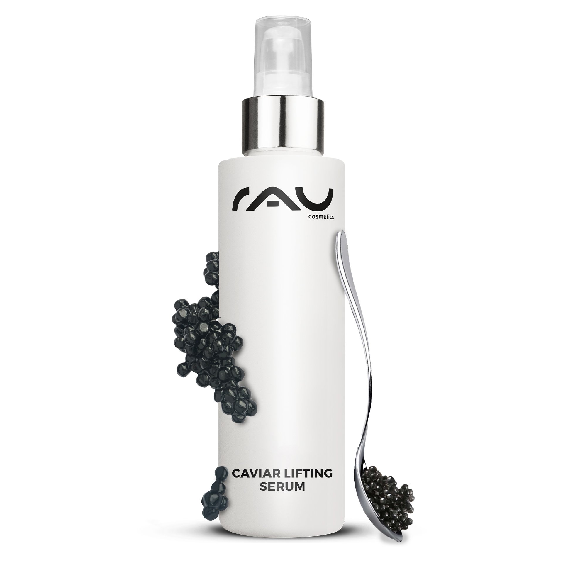 Elegant glass bottle of RAU Cosmetics Caviar Lifting Serum 100 ml with a practical pump dispenser against a light background.